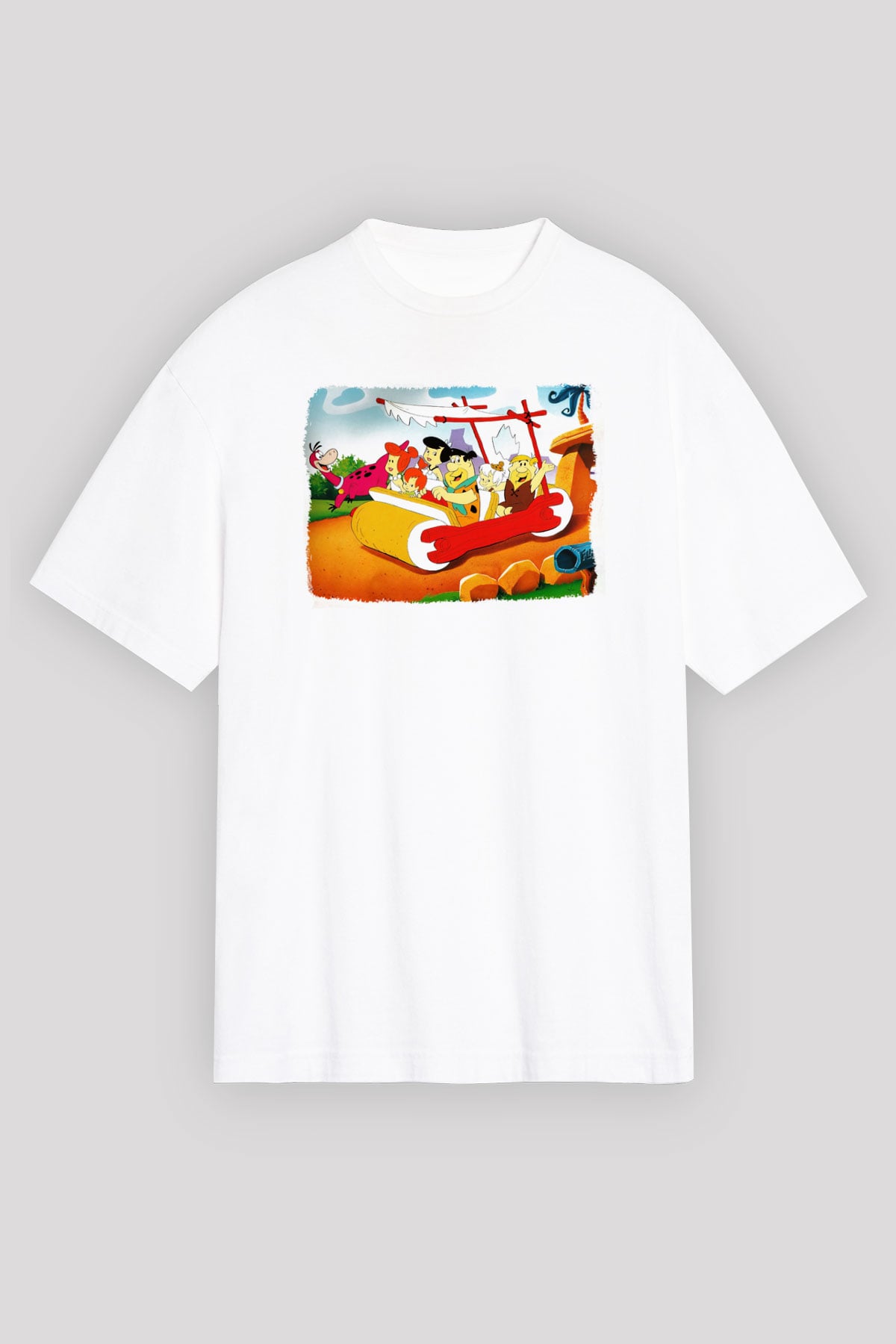 The Flintstones Taş Devri Beyaz Unisex Oversize Tişört