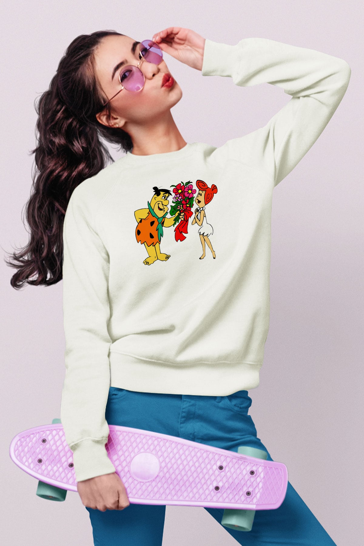 The Flintstones Taş Devri Beyaz Unisex  Sweatshirt