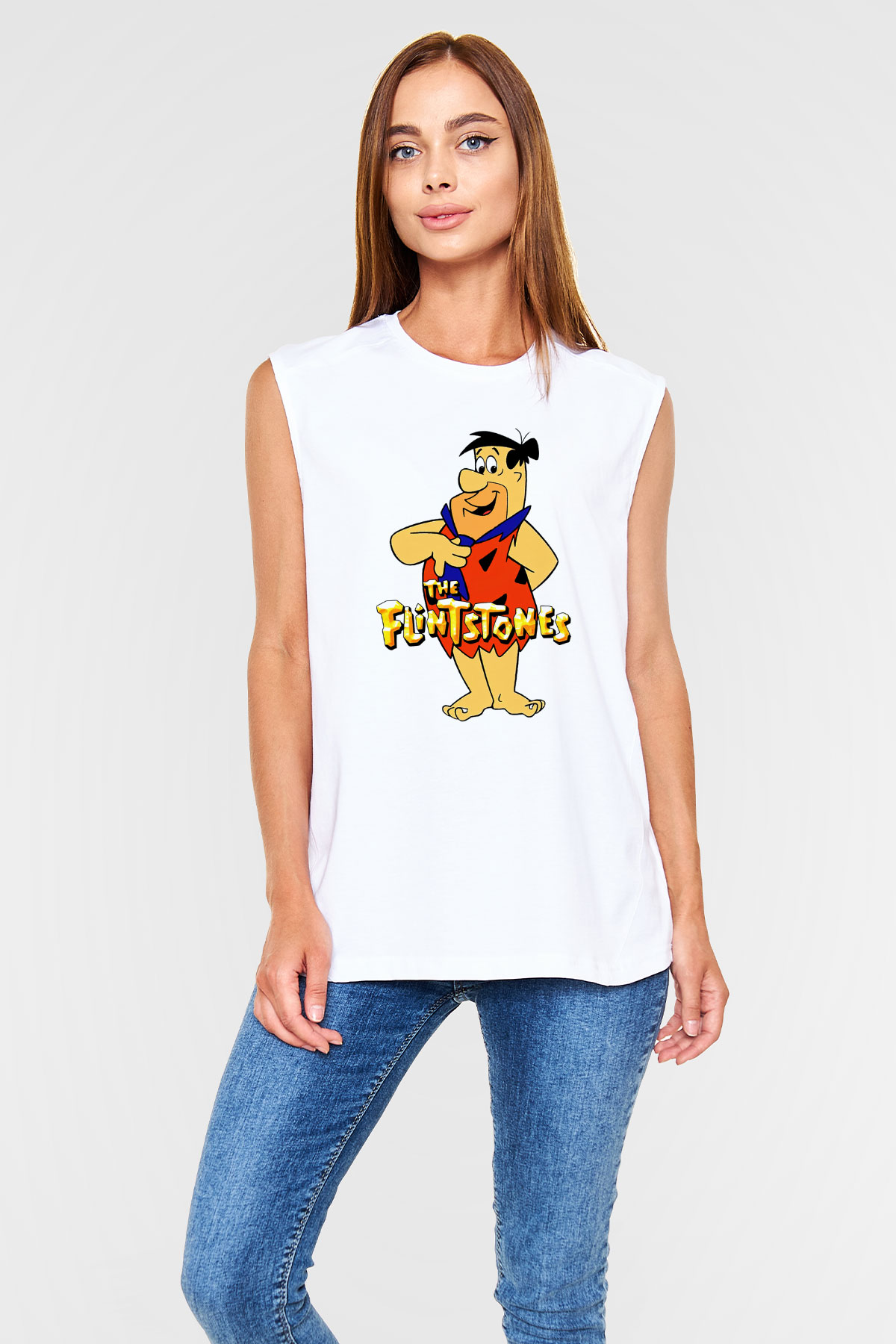 The Flintstones Taş Devri Beyaz Unisex  Kolsuz Tişört
