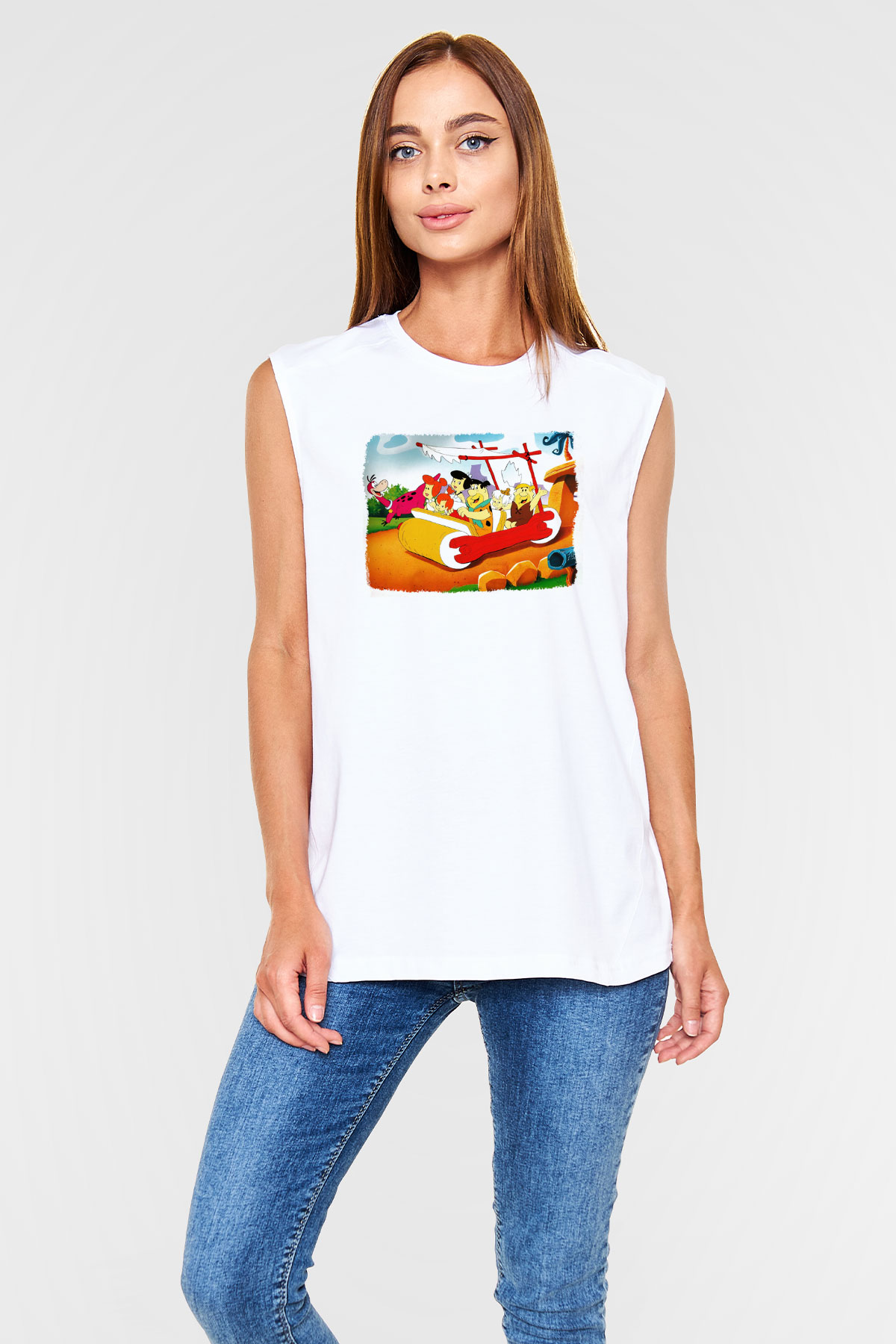 The Flintstones Taş Devri Beyaz Unisex Kolsuz Tişört