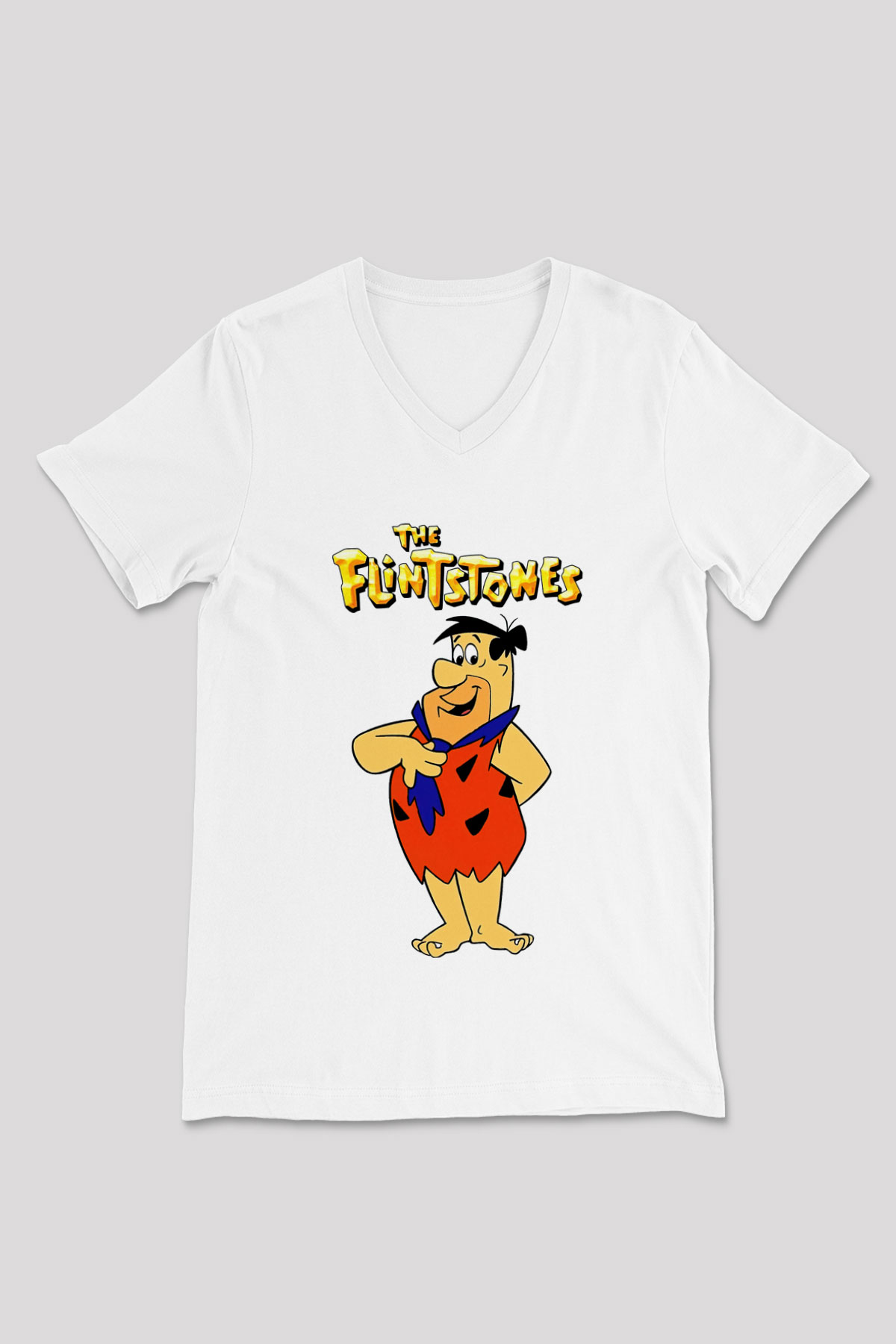The Flintstones Taş Devri Beyaz Unisex  V Yaka Tişört