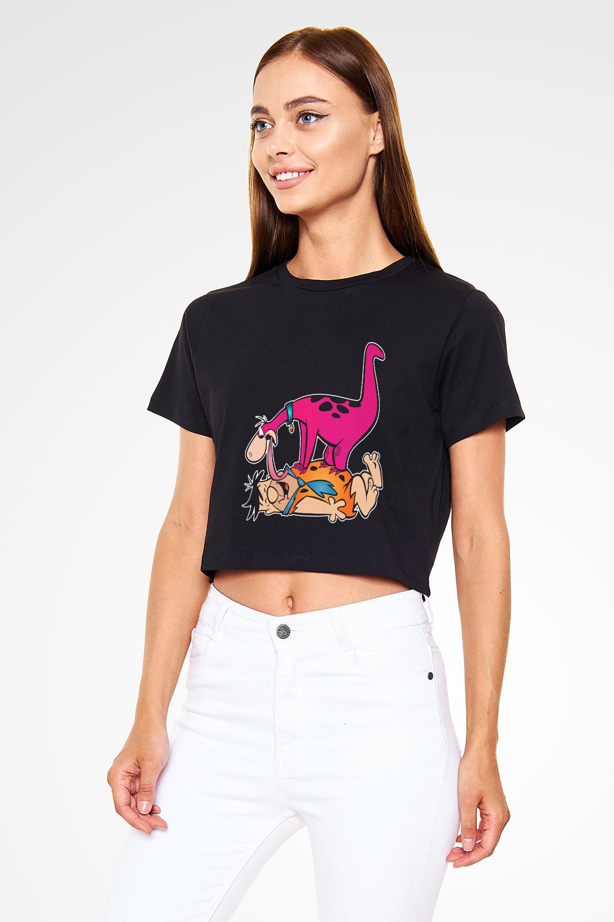 The Flintstones Taş Devri Siyah Crop Top Tişört