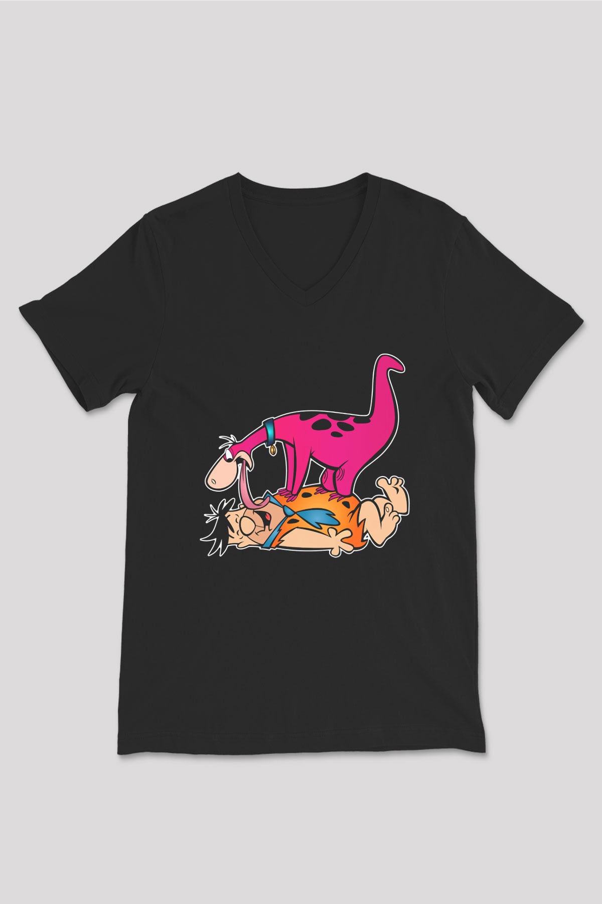 The Flintstones Taş Devri Siyah Unisex V Yaka Tişört