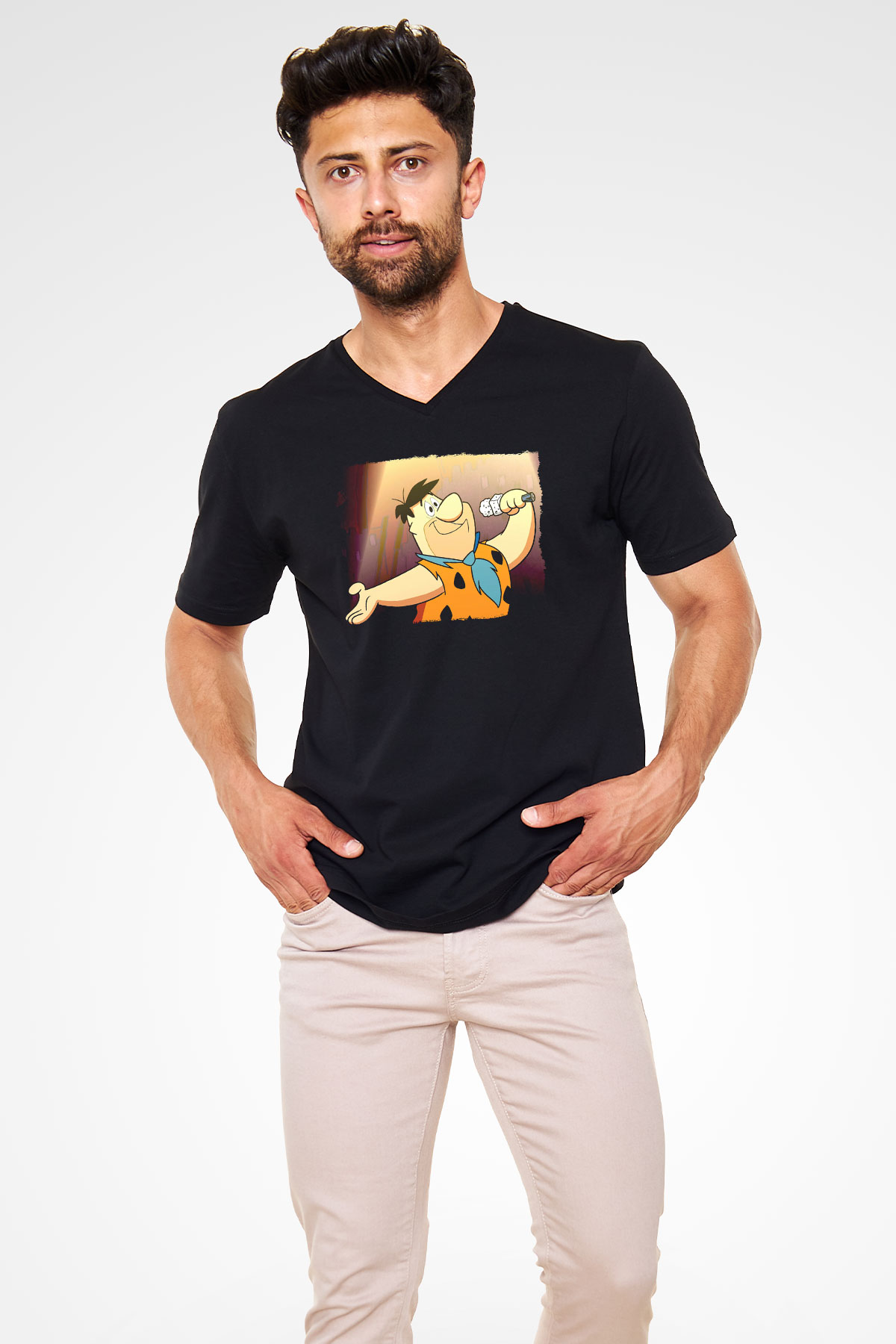 The Flintstones Taş Devri Siyah Unisex  V Yaka Tişört