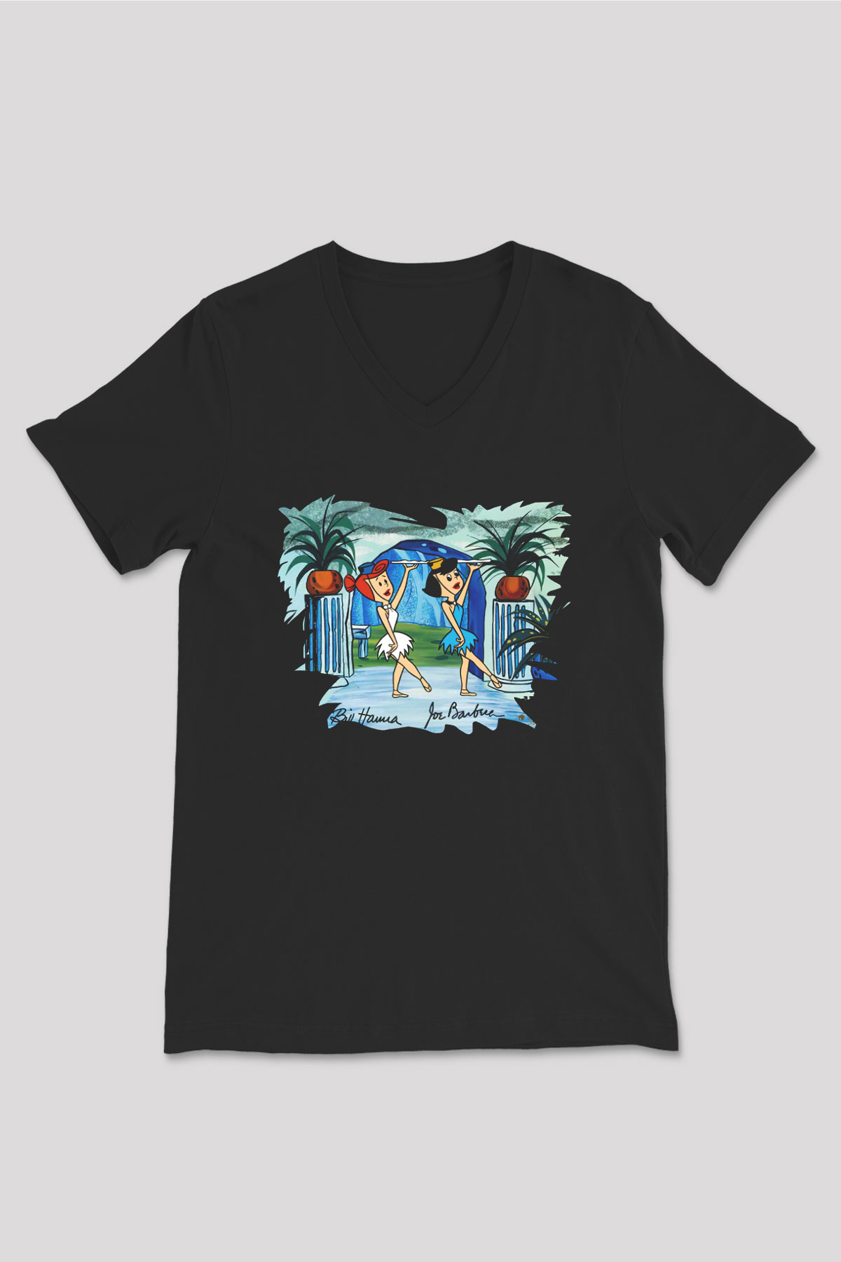 The Flintstones Taş Devri Siyah Unisex V Yaka Tişört