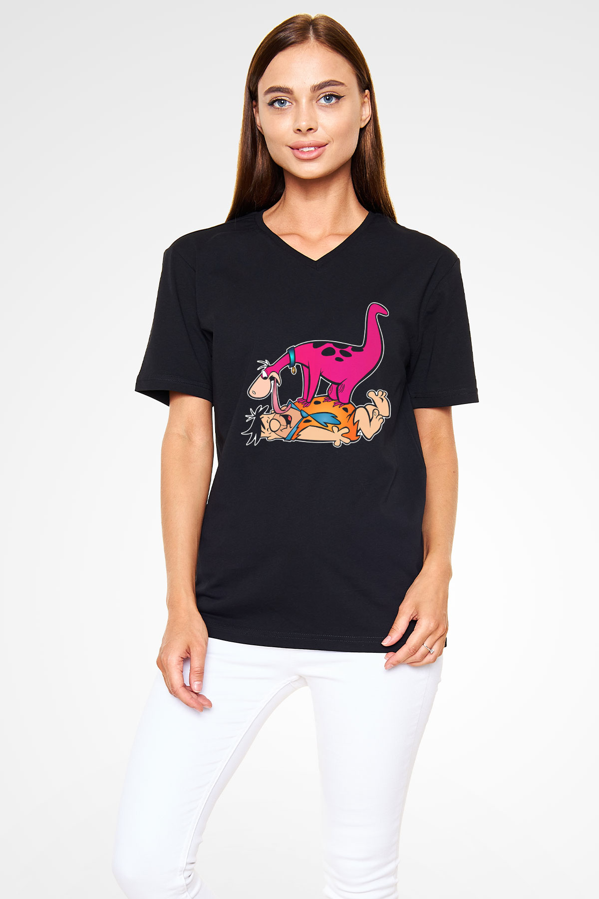 The Flintstones Taş Devri Siyah Unisex V Yaka Tişört
