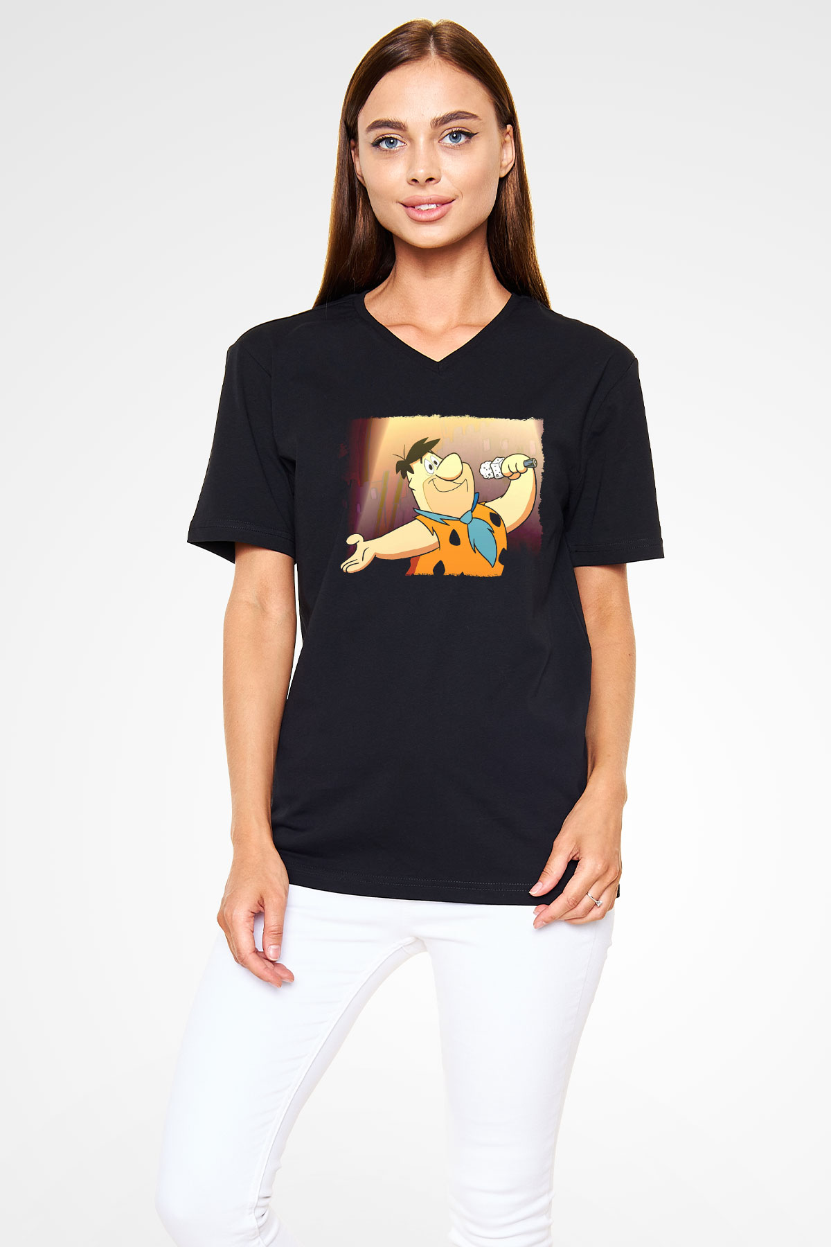 The Flintstones Taş Devri Siyah Unisex  V Yaka Tişört