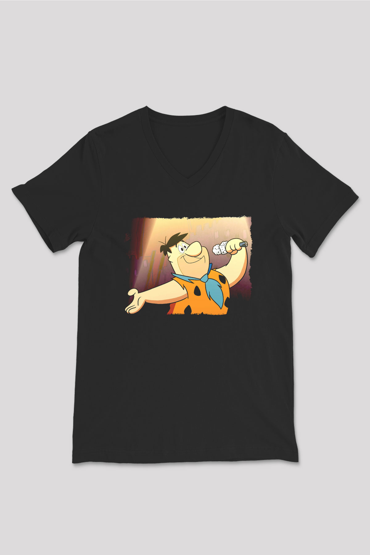 The Flintstones Taş Devri Siyah Unisex  V Yaka Tişört