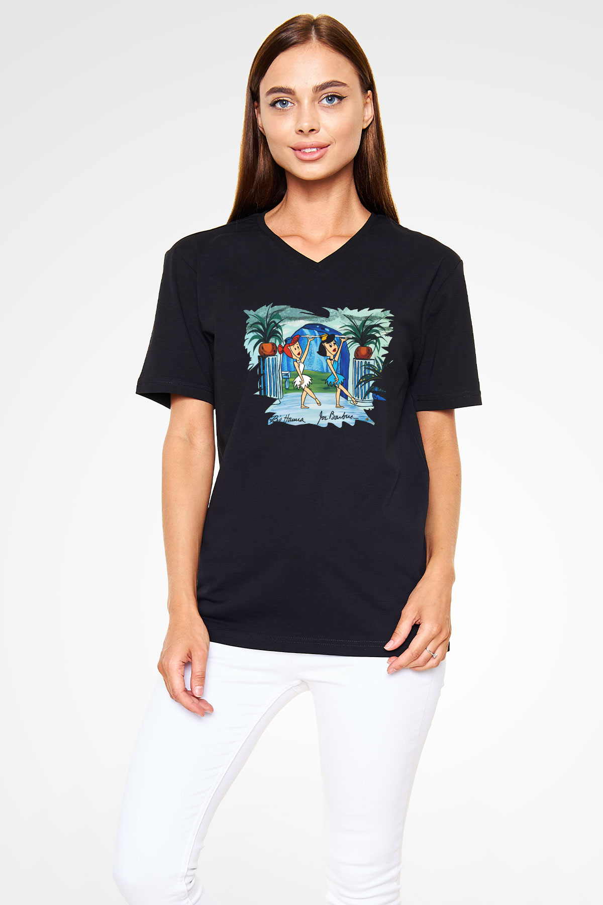 The Flintstones Taş Devri Siyah Unisex V Yaka Tişört
