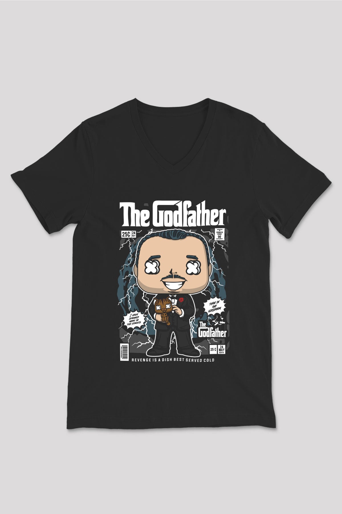The Godfather Baskılı Unisex Siyah V Yaka Tişört