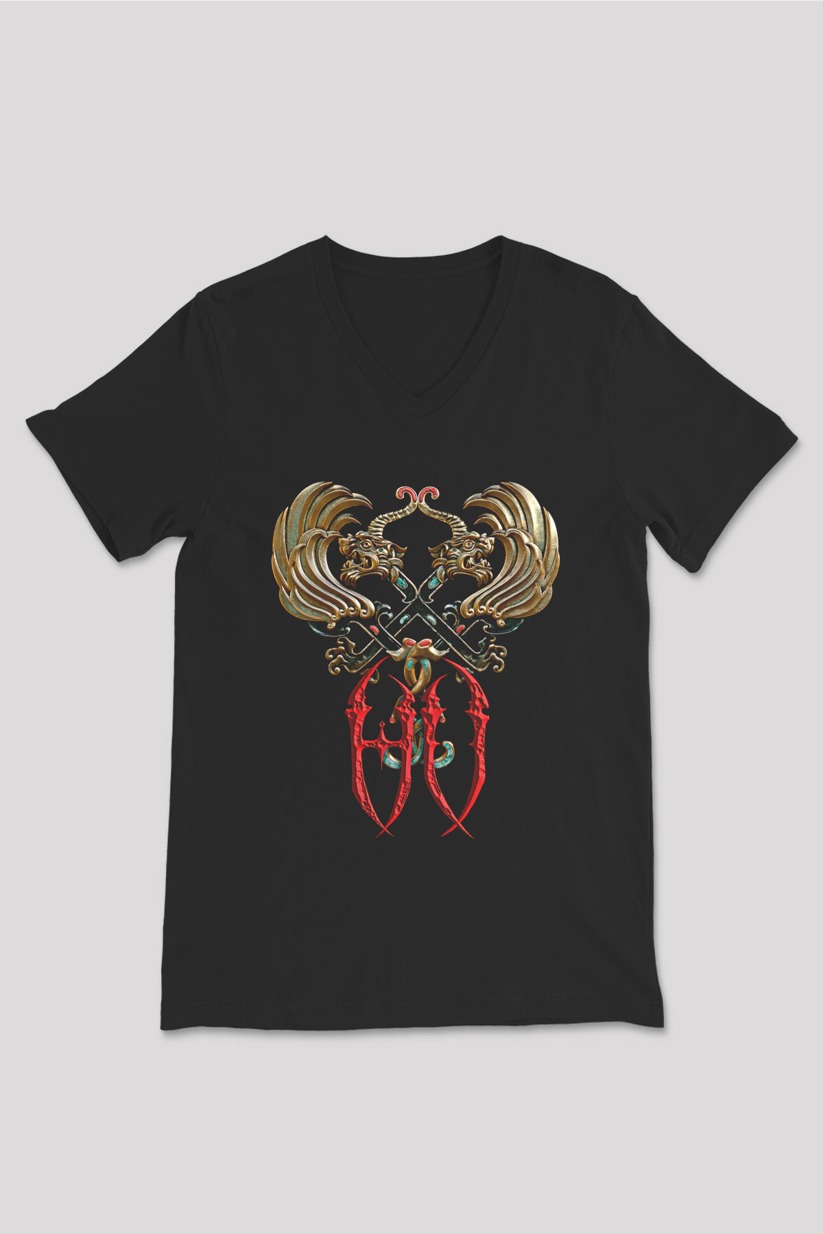 The Hu Baskılı Unisex Siyah V Yaka Tişört - Tshirt