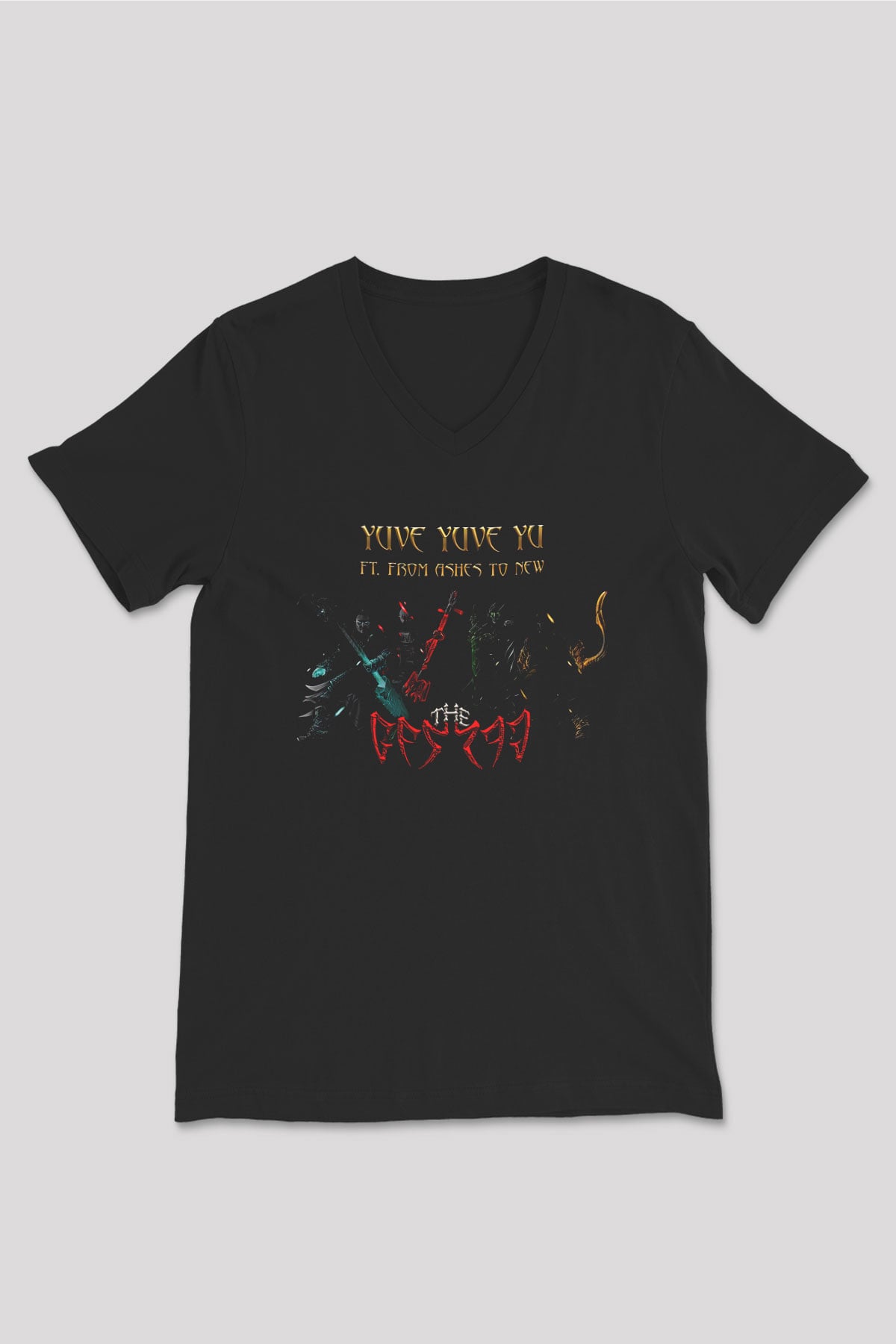 The Hu Baskılı Unisex Siyah V Yaka Tişört - Tshirt