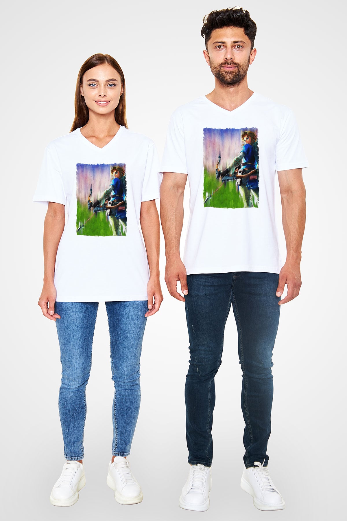 The Legend of Zelda Beyaz Unisex  V Yaka Tişört