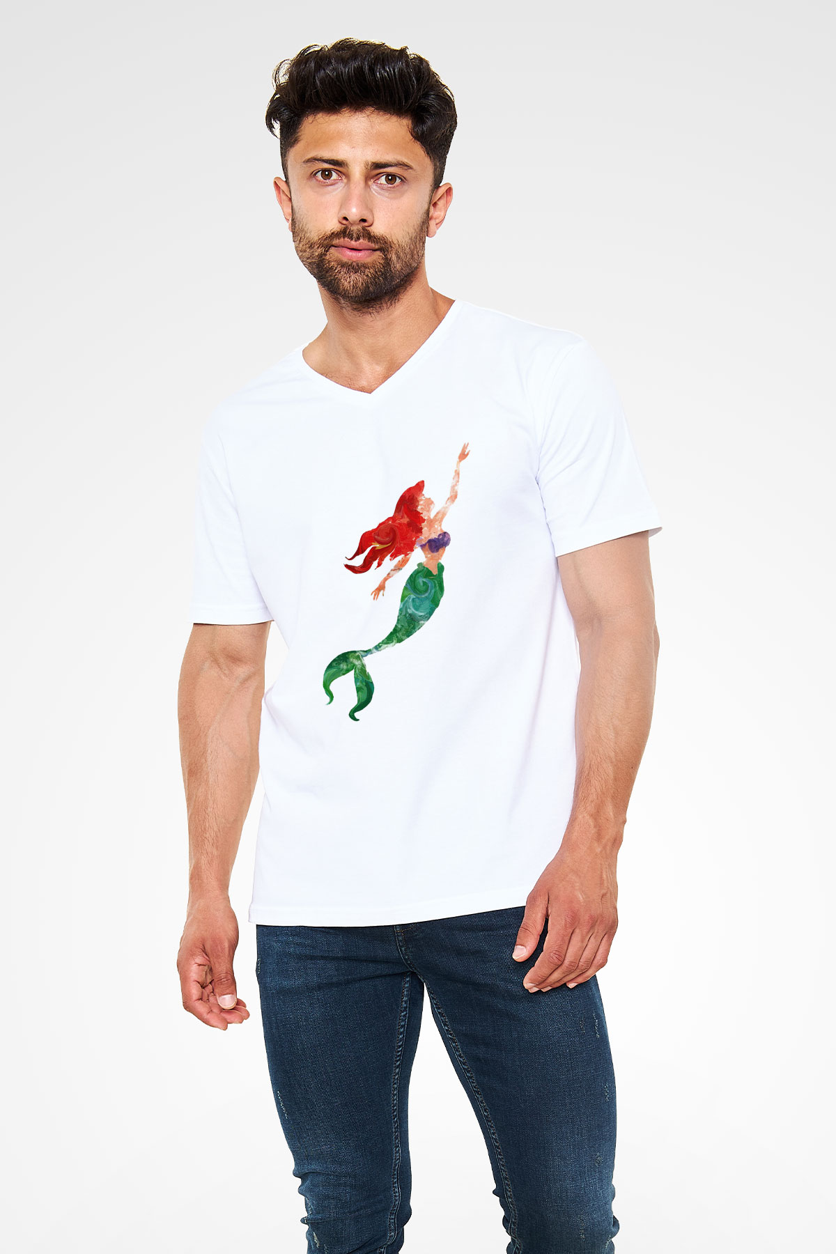 The Little Mermaid Beyaz Unisex V Yaka Tişört T-Shirt