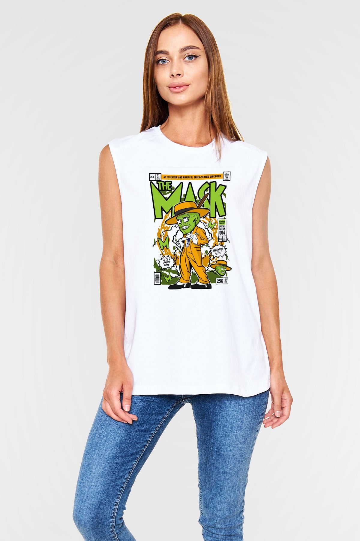 The Mask Baskılı Unisex Beyaz Kolsuz Tişört
