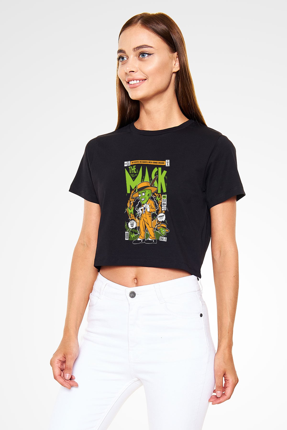 The Mask Yeşil Maske Baskılı Siyah Kadın Crop Top Tişört