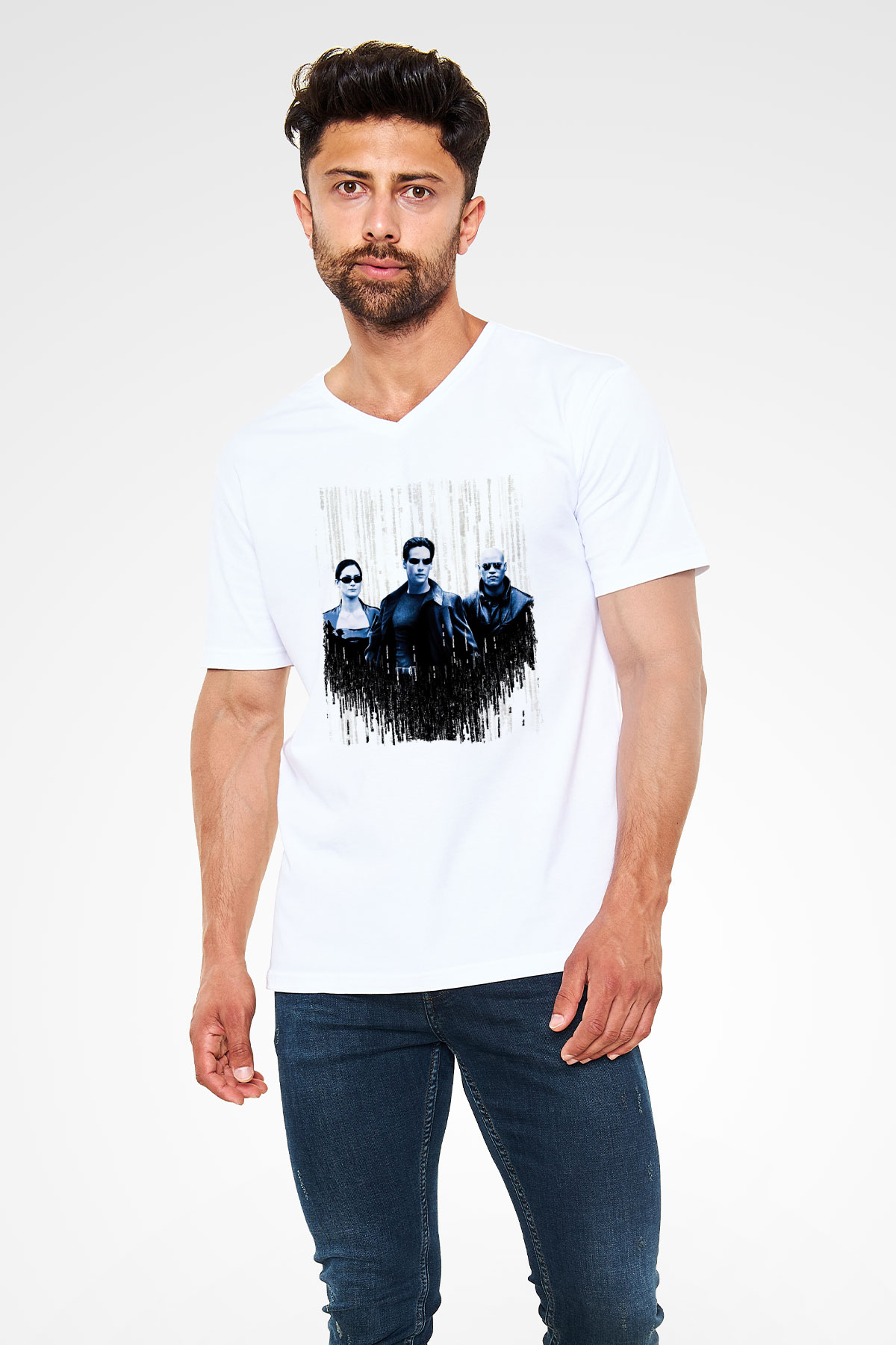 The Matrix Beyaz Unisex V Yaka Tişört