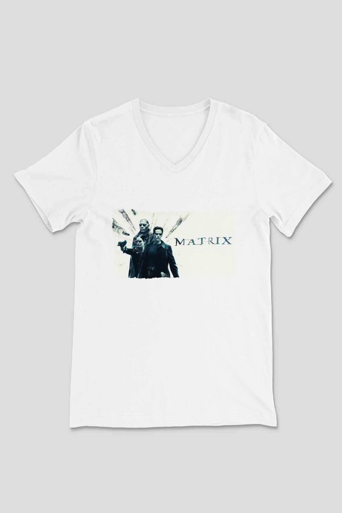 The Matrix Beyaz Unisex V Yaka Tişört