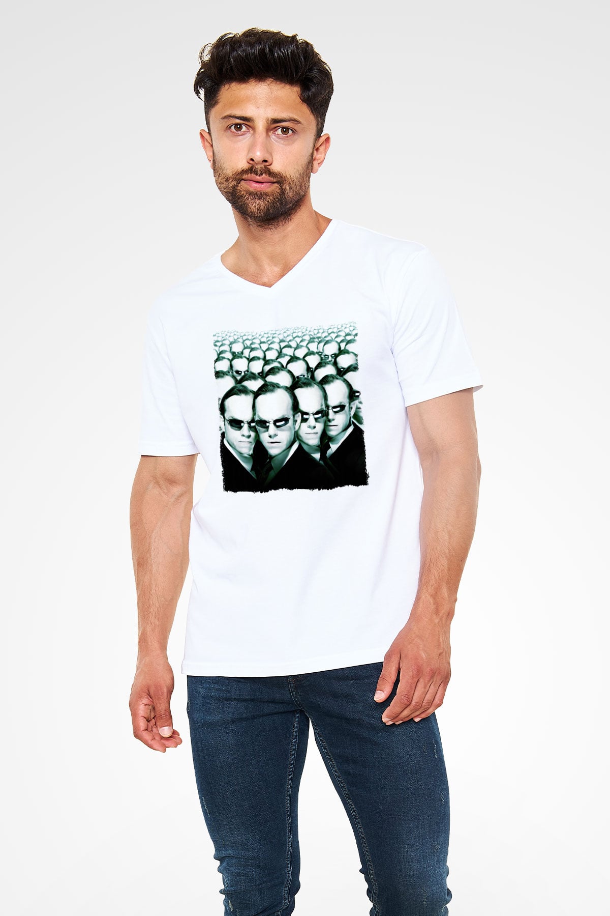 The Matrix Beyaz Unisex V Yaka Tişört