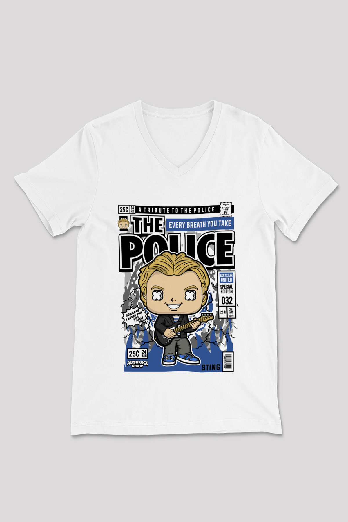 The Police Sting Baskılı Unisex Beyaz V Yaka Tişört