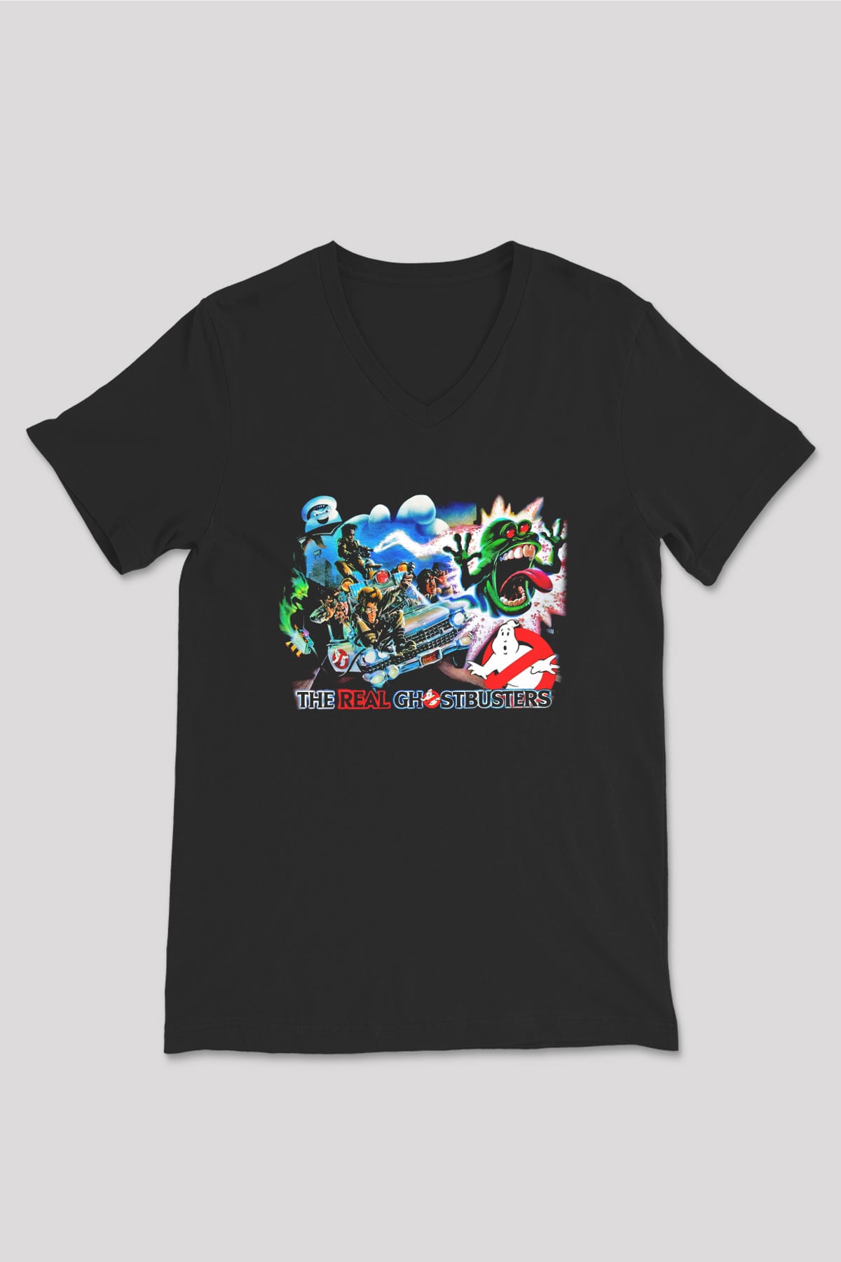 The Real Ghostbusters Hayalet Avcıları Siyah Unisex V Yaka Tişört