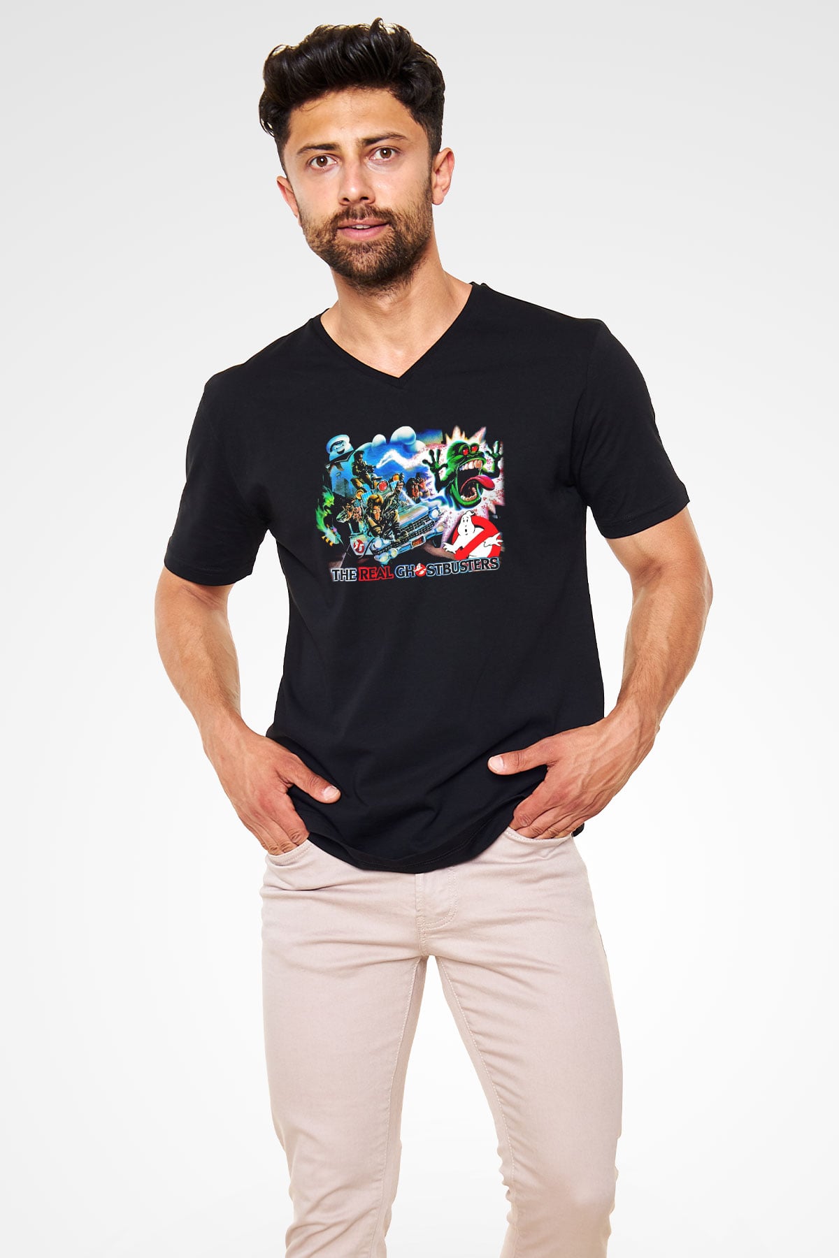 The Real Ghostbusters Hayalet Avcıları Siyah Unisex V Yaka Tişört