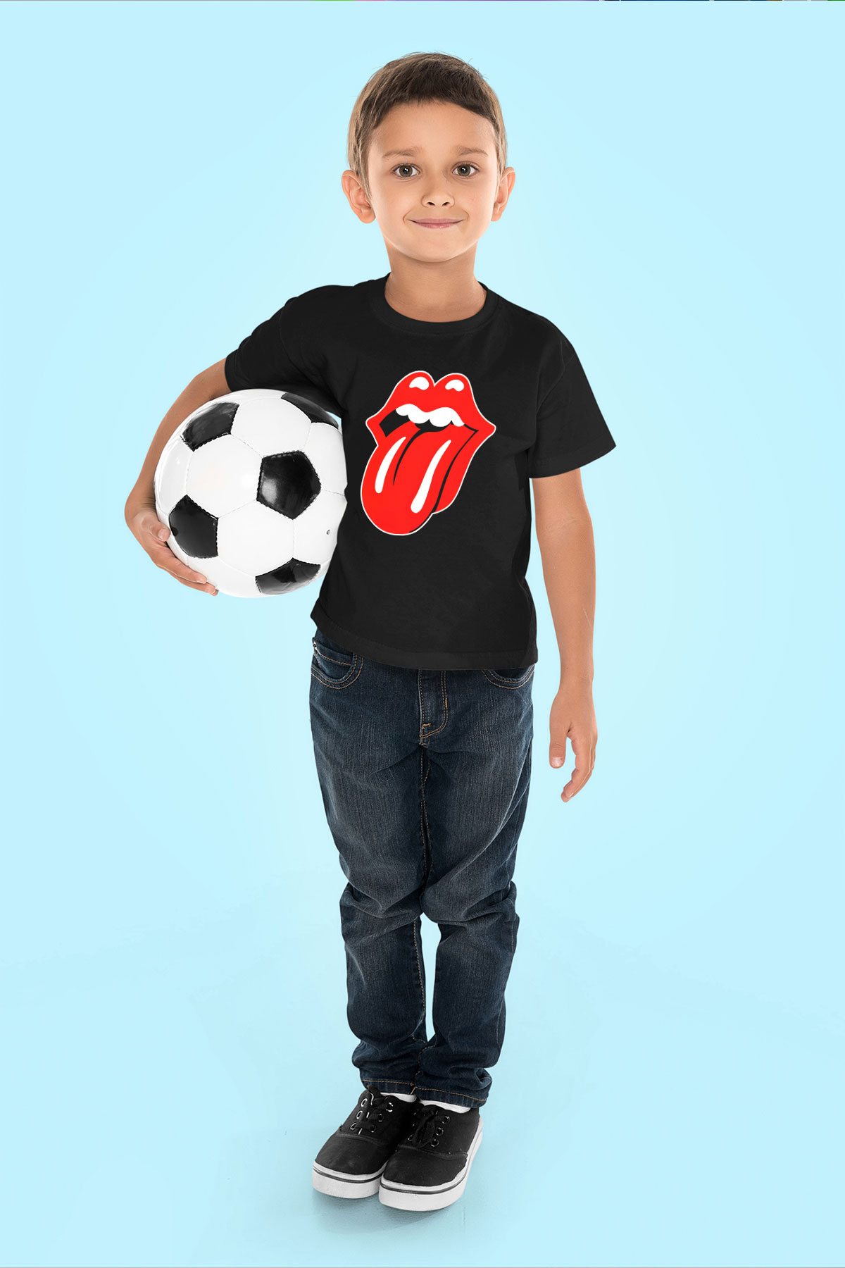 The Rolling Stones Logo Baskılı Siyah Unisex Çocuk Tişört