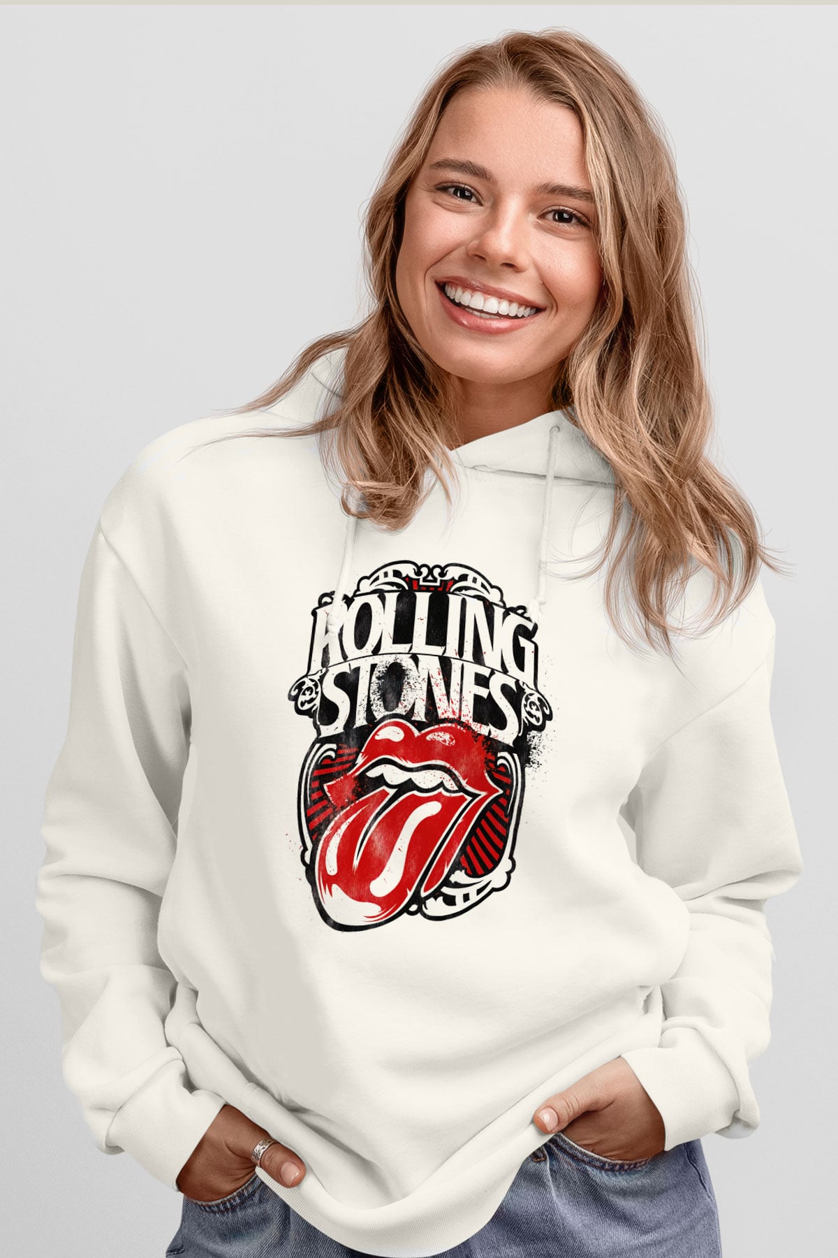 The Rolling Stones Logo Beyaz Unisex Kapşonlu Sweatshirt