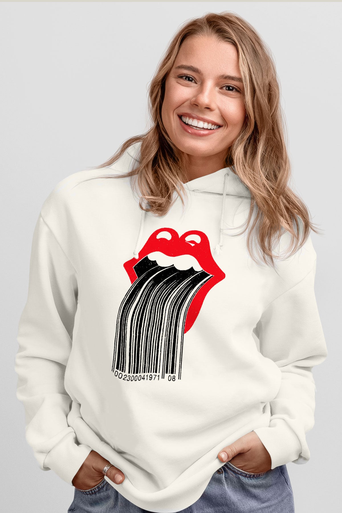 The Rolling Stones Logo Beyaz Unisex Kapşonlu Sweatshirt