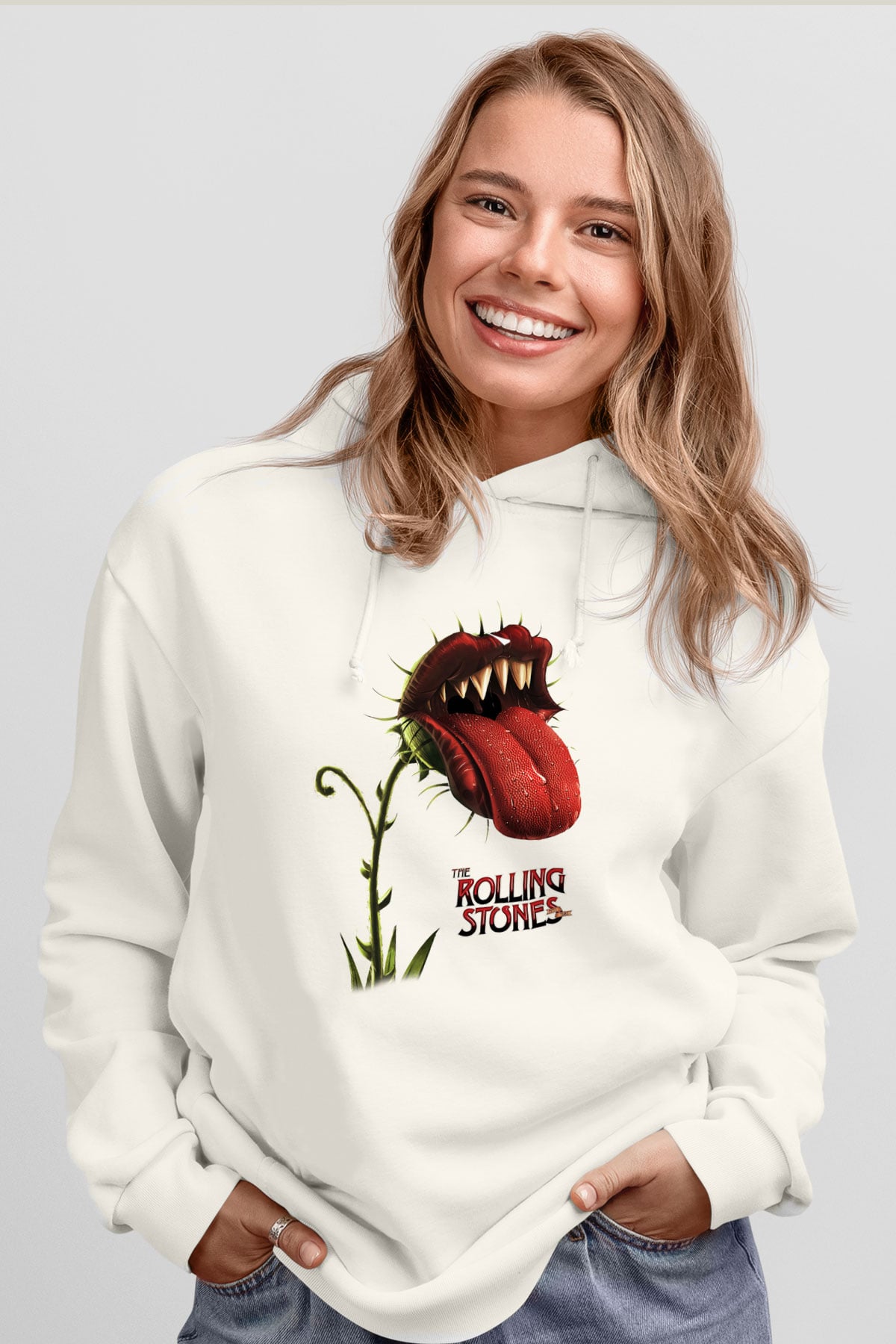 The Rolling Stones Logo Beyaz Unisex Kapşonlu Sweatshirt