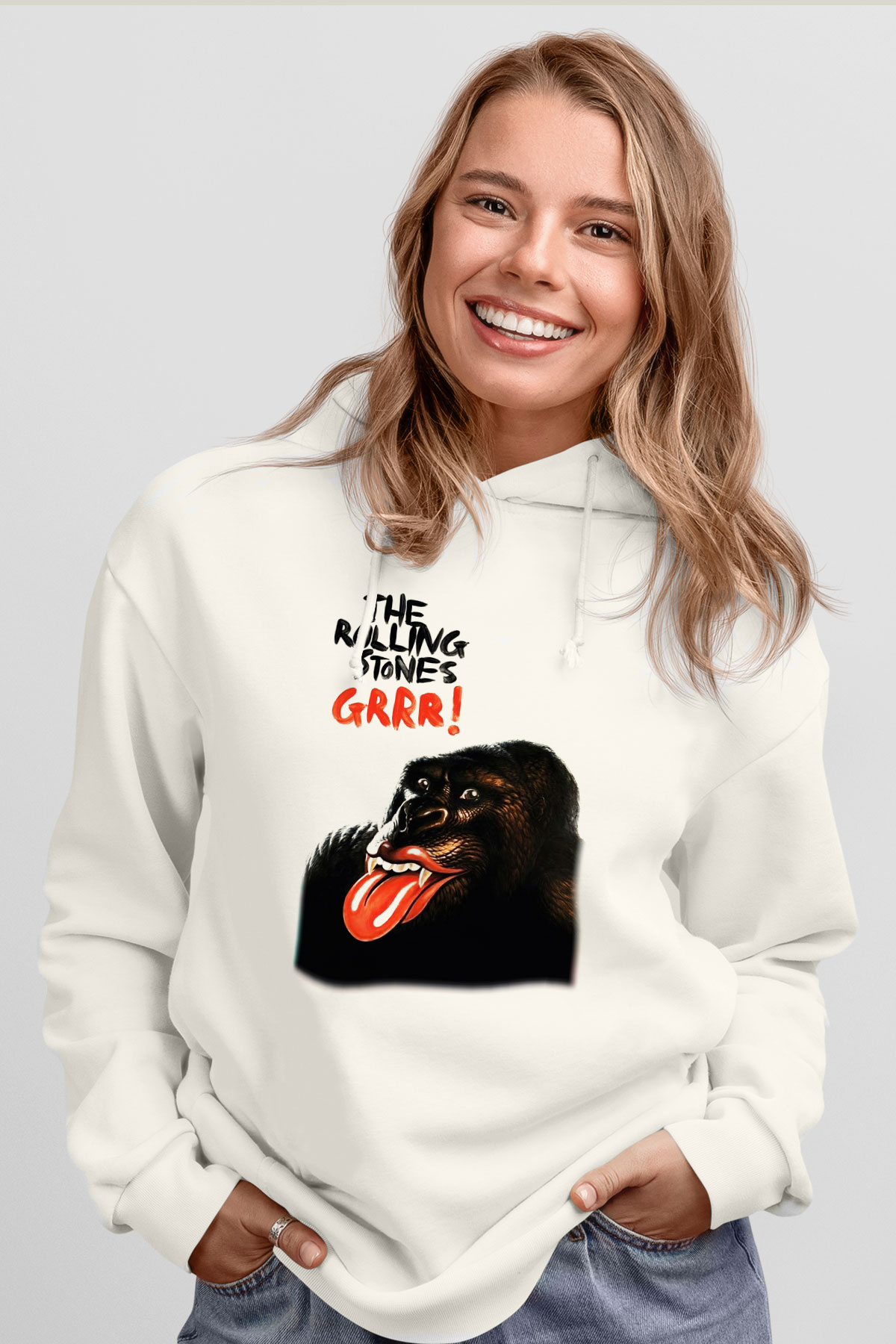 The Rolling Stones Logo Beyaz Unisex Kapşonlu Sweatshirt