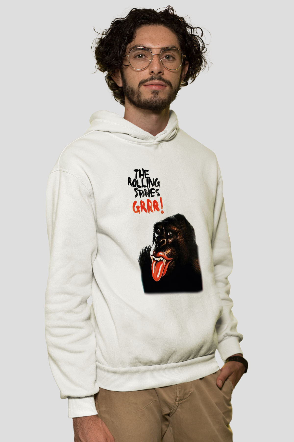 The Rolling Stones Logo Beyaz Unisex Kapşonlu Sweatshirt