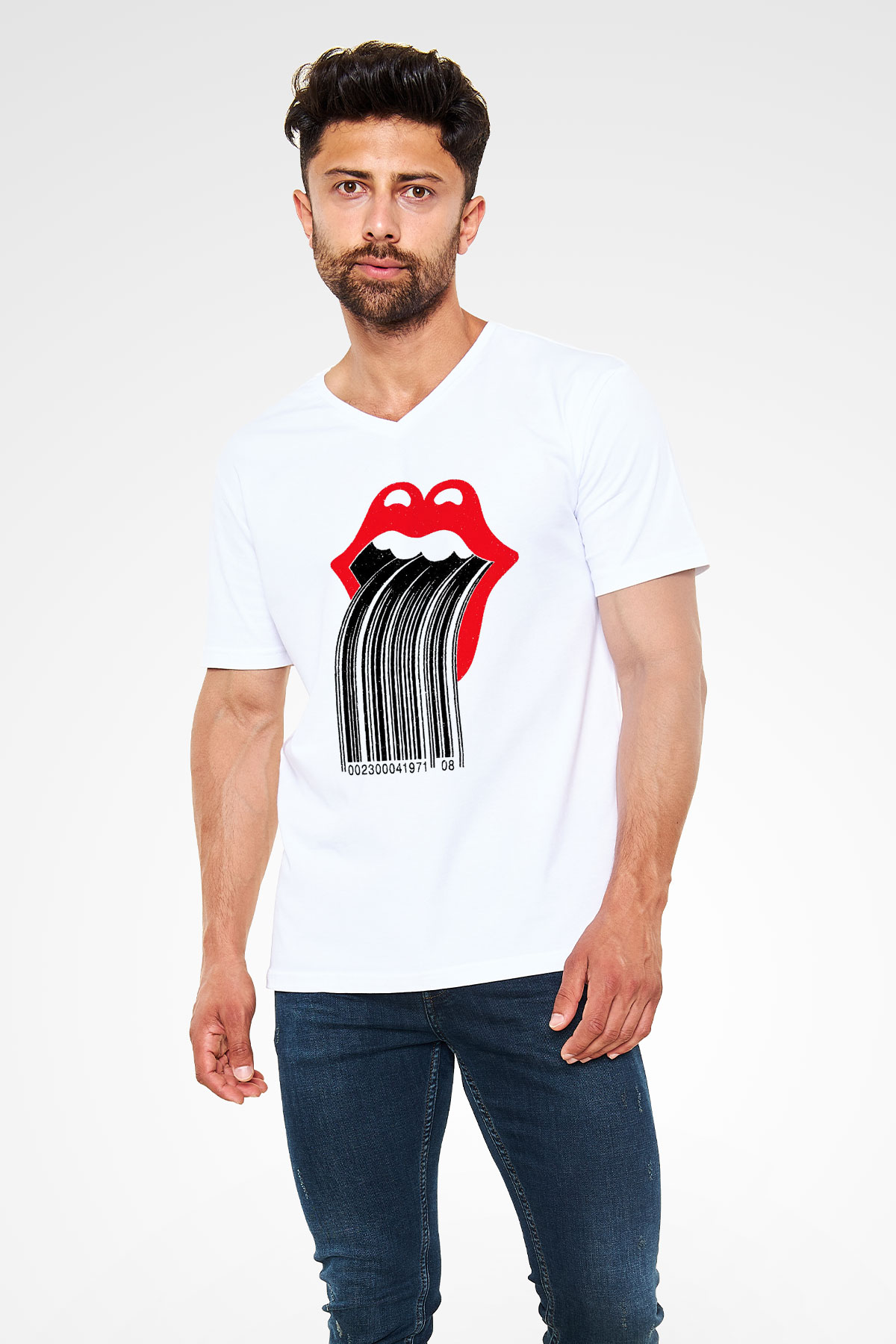 The Rolling Stones Logo Beyaz Unisex V Yaka Tişört T-Shirt