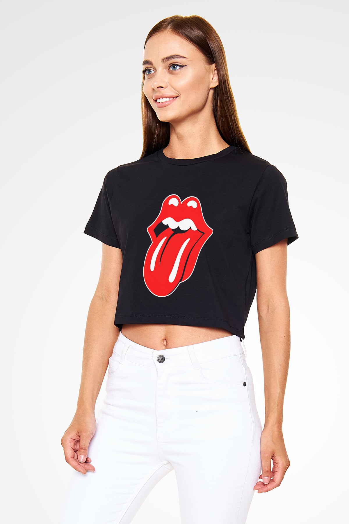 The Rolling Stones Logo Siyah Crop Top Tişört