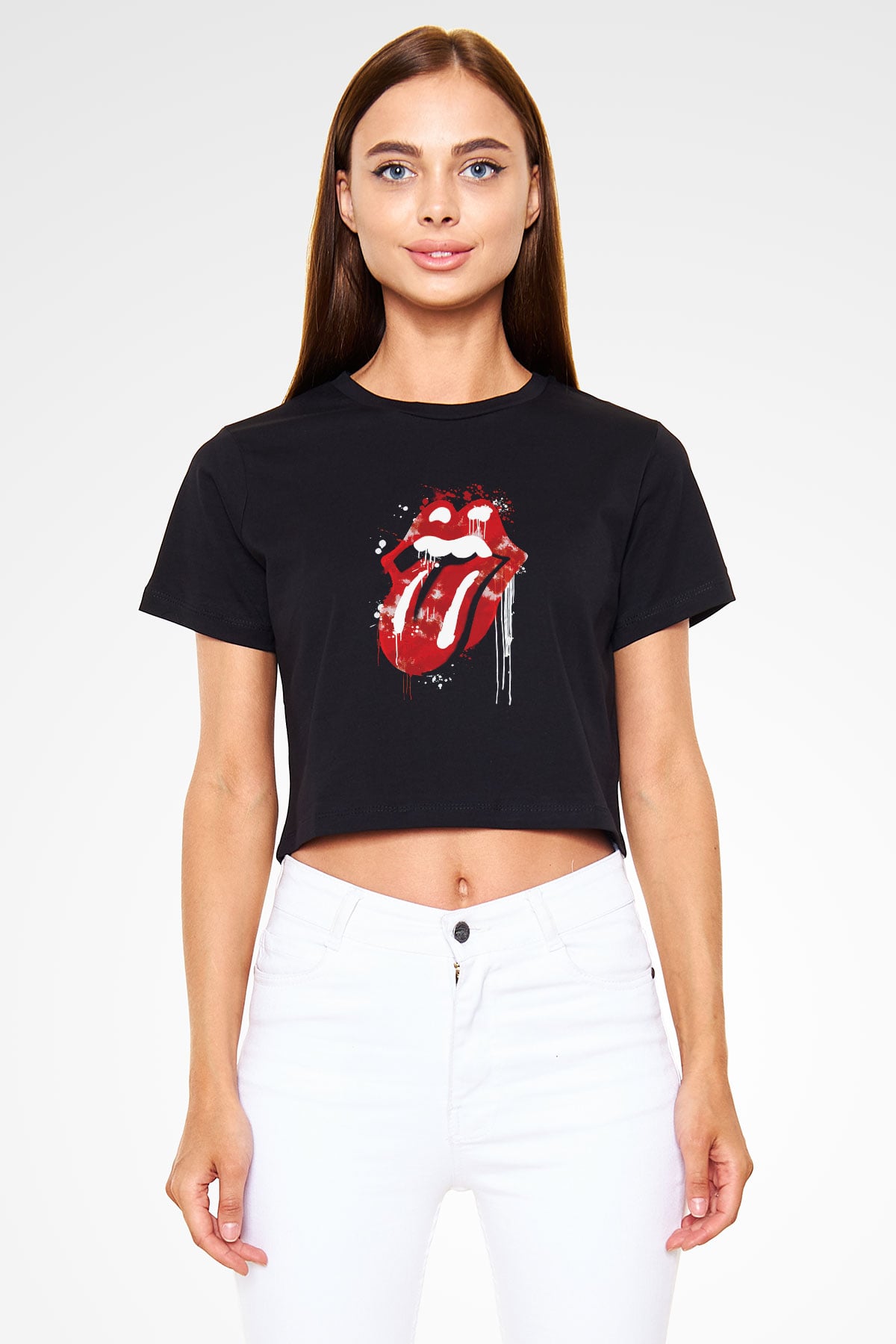 The Rolling Stones Logo Siyah Crop Top Tişört