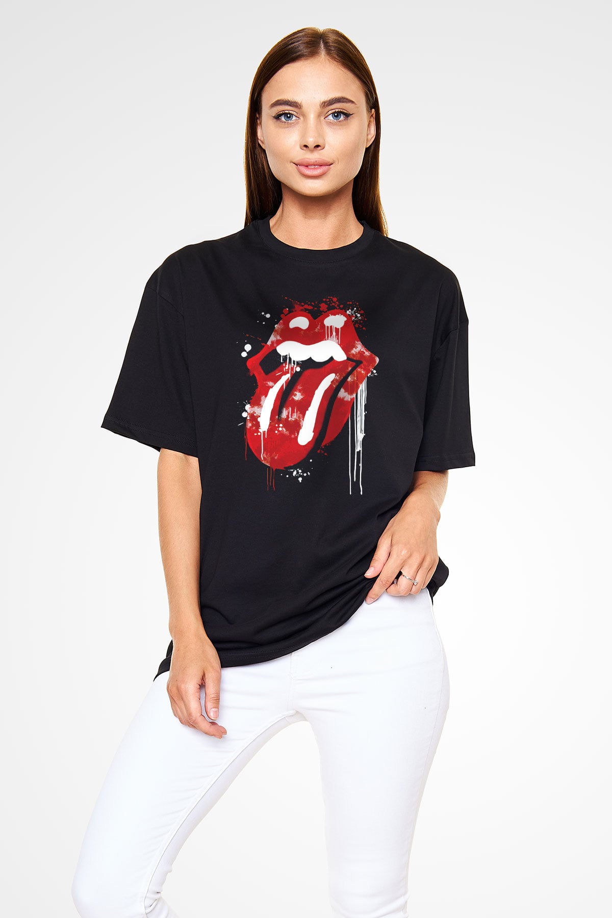 The Rolling Stones Logo Siyah Unisex Oversize Tişört T-Shirt