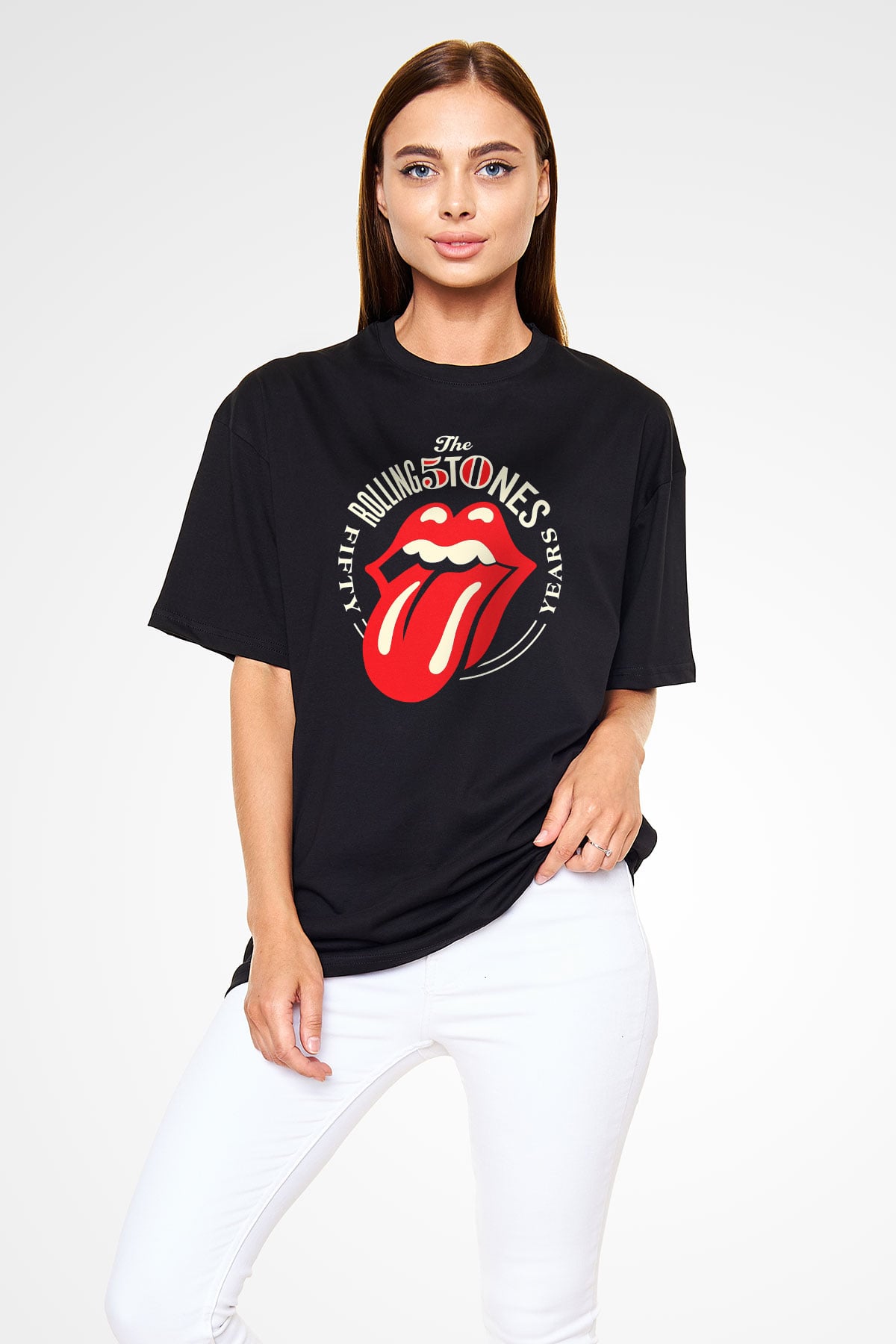 The Rolling Stones Logo Siyah Unisex Oversize Tişört T-Shirt