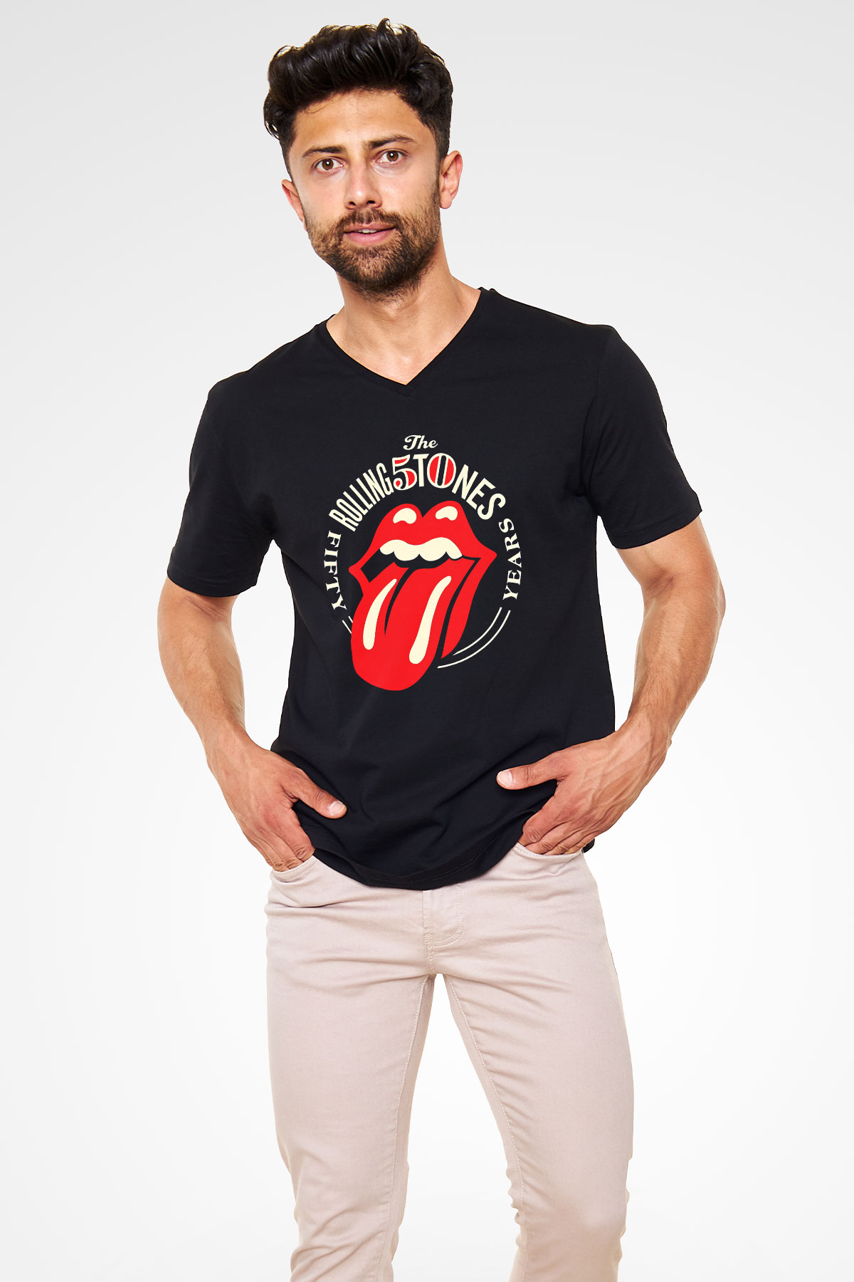 The Rolling Stones Logo Siyah Unisex V Yaka Tişört T-Shirt