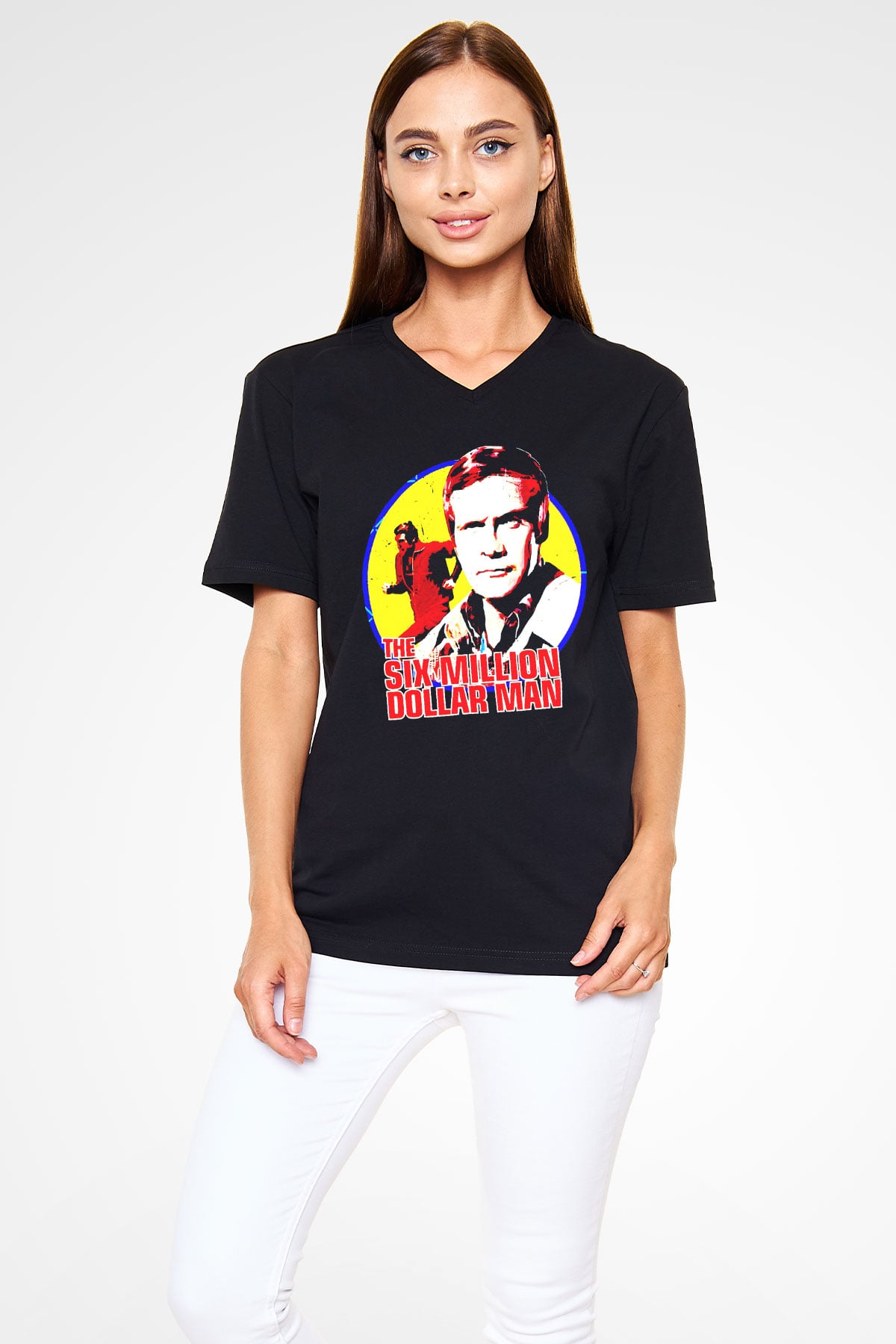 The Six Million Man Dollar Siyah Unisex  V Yaka Tişört