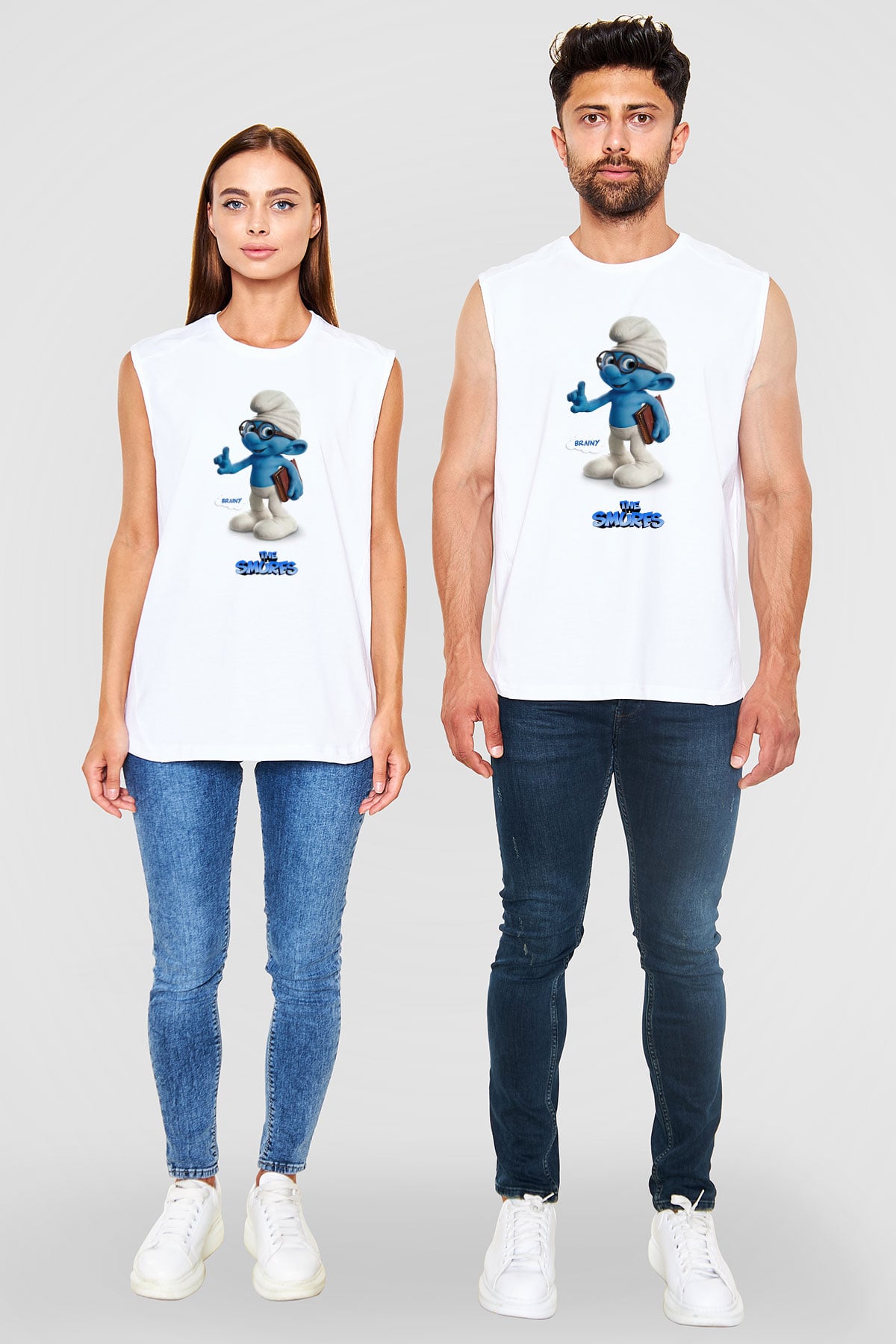 The Smurfs Şirinler Beyaz Unisex Kolsuz Tişört