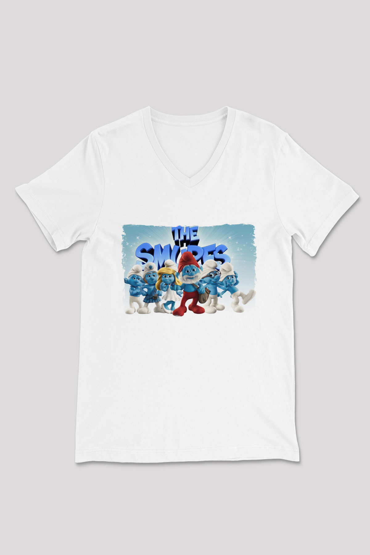 The Smurfs Şirinler Beyaz Unisex  V Yaka Tişört