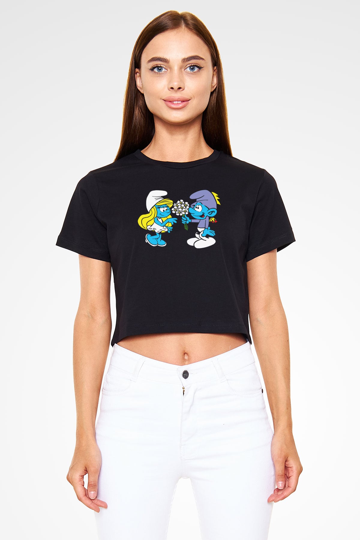 The Smurfs Şirinler Siyah   Crop Top Tişört
