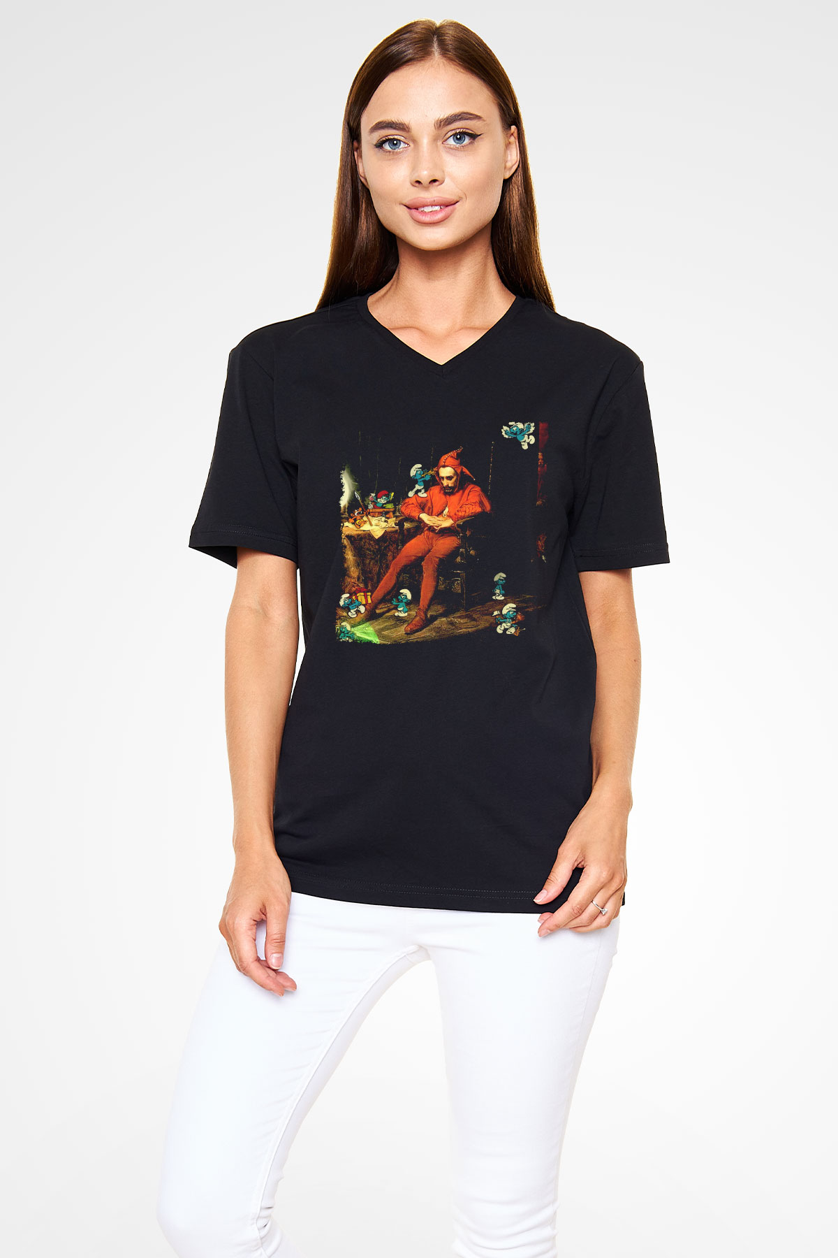 The Smurfs Şirinler Siyah Unisex  V Yaka Tişört
