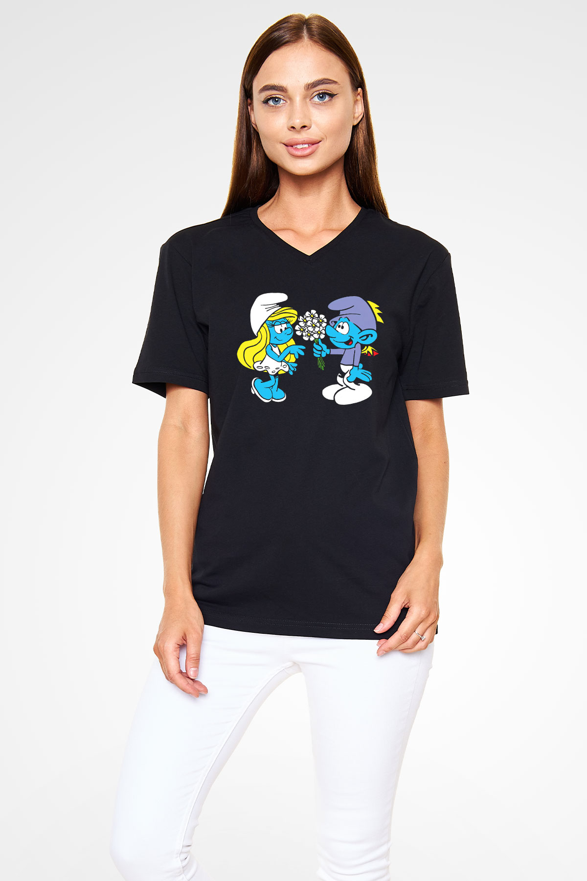 The Smurfs Şirinler Siyah Unisex  V Yaka Tişört