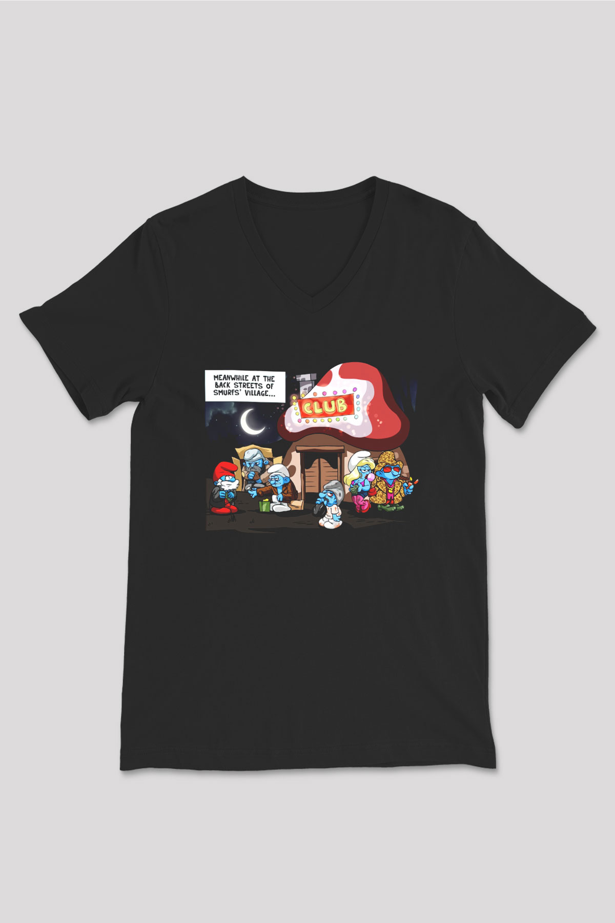 The Smurfs Şirinler Siyah Unisex V Yaka Tişört