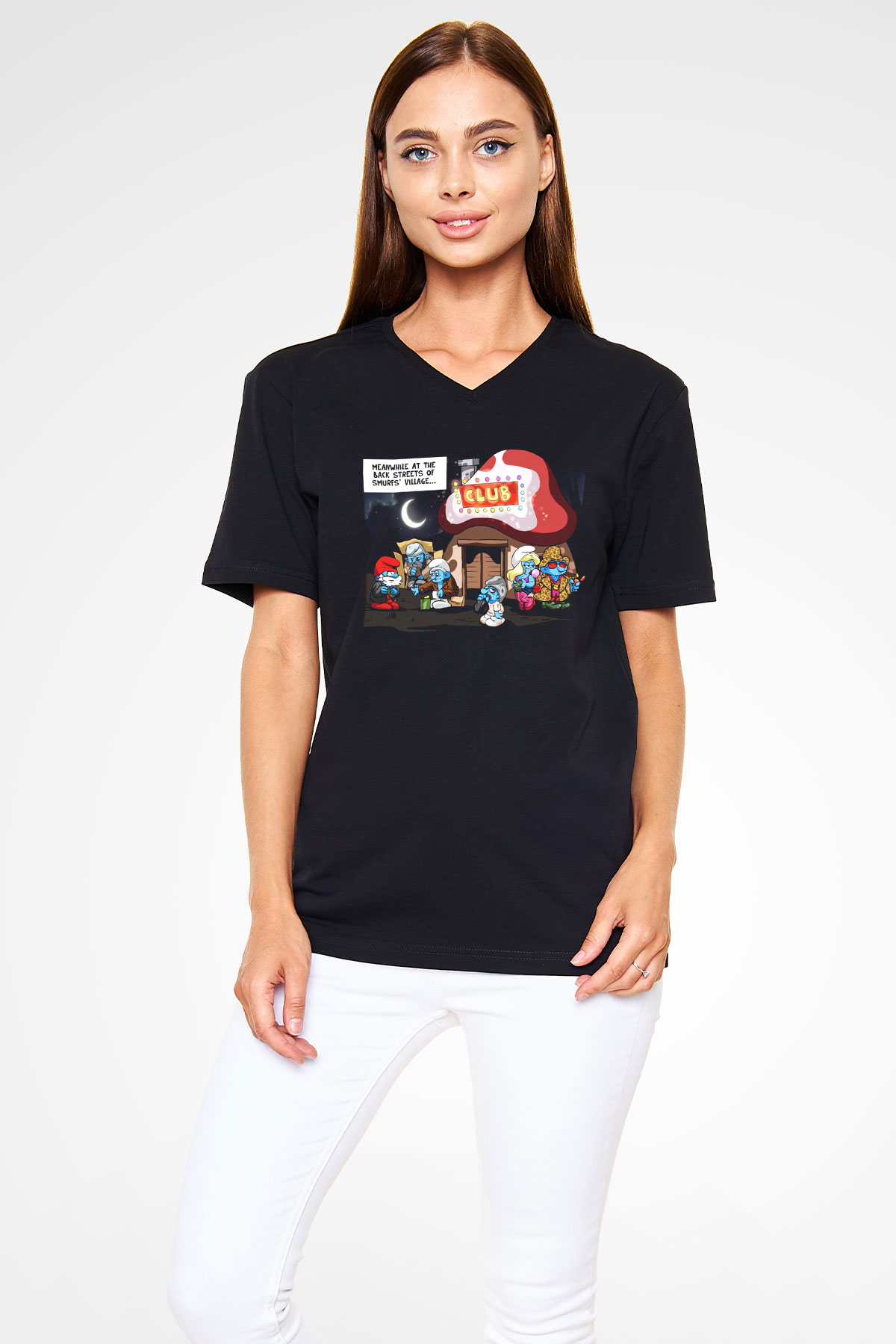 The Smurfs Şirinler Siyah Unisex V Yaka Tişört