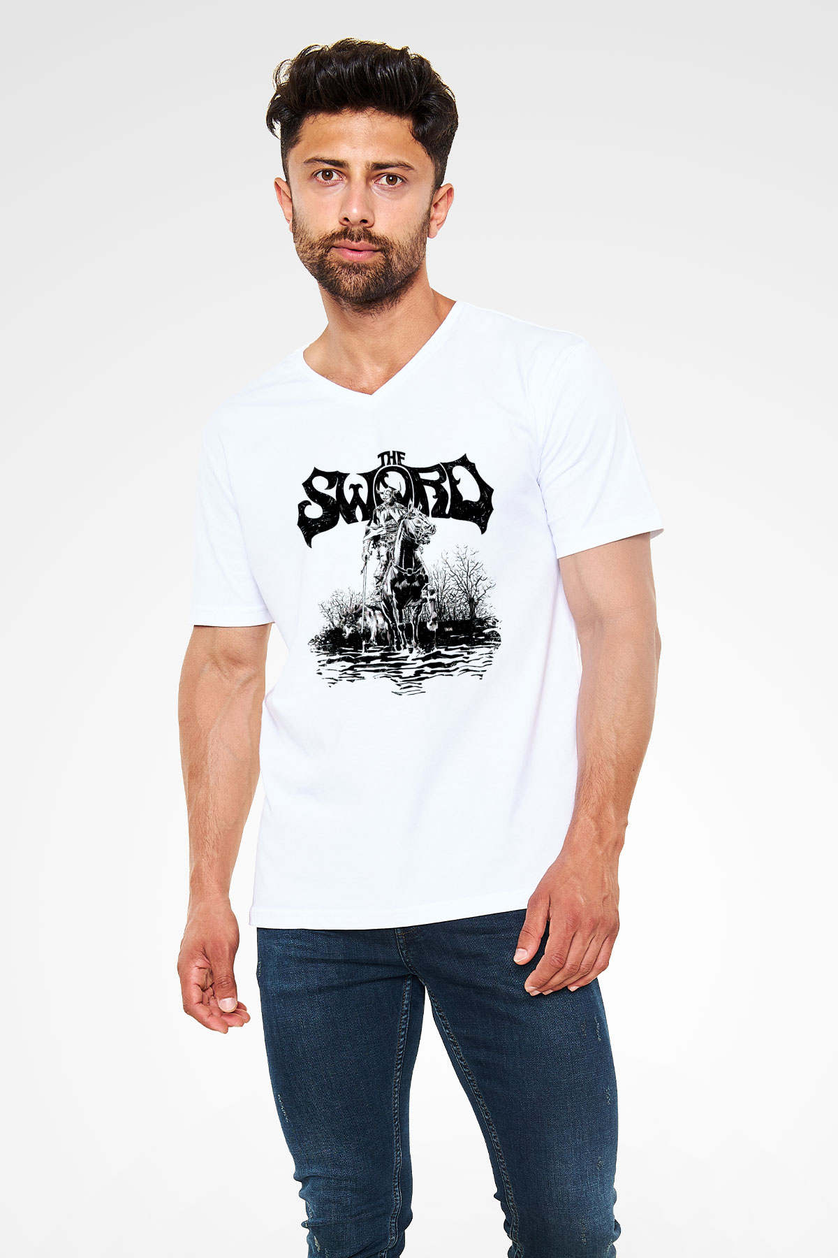 The Sword Beyaz Unisex V Yaka Tişört T-Shirt
