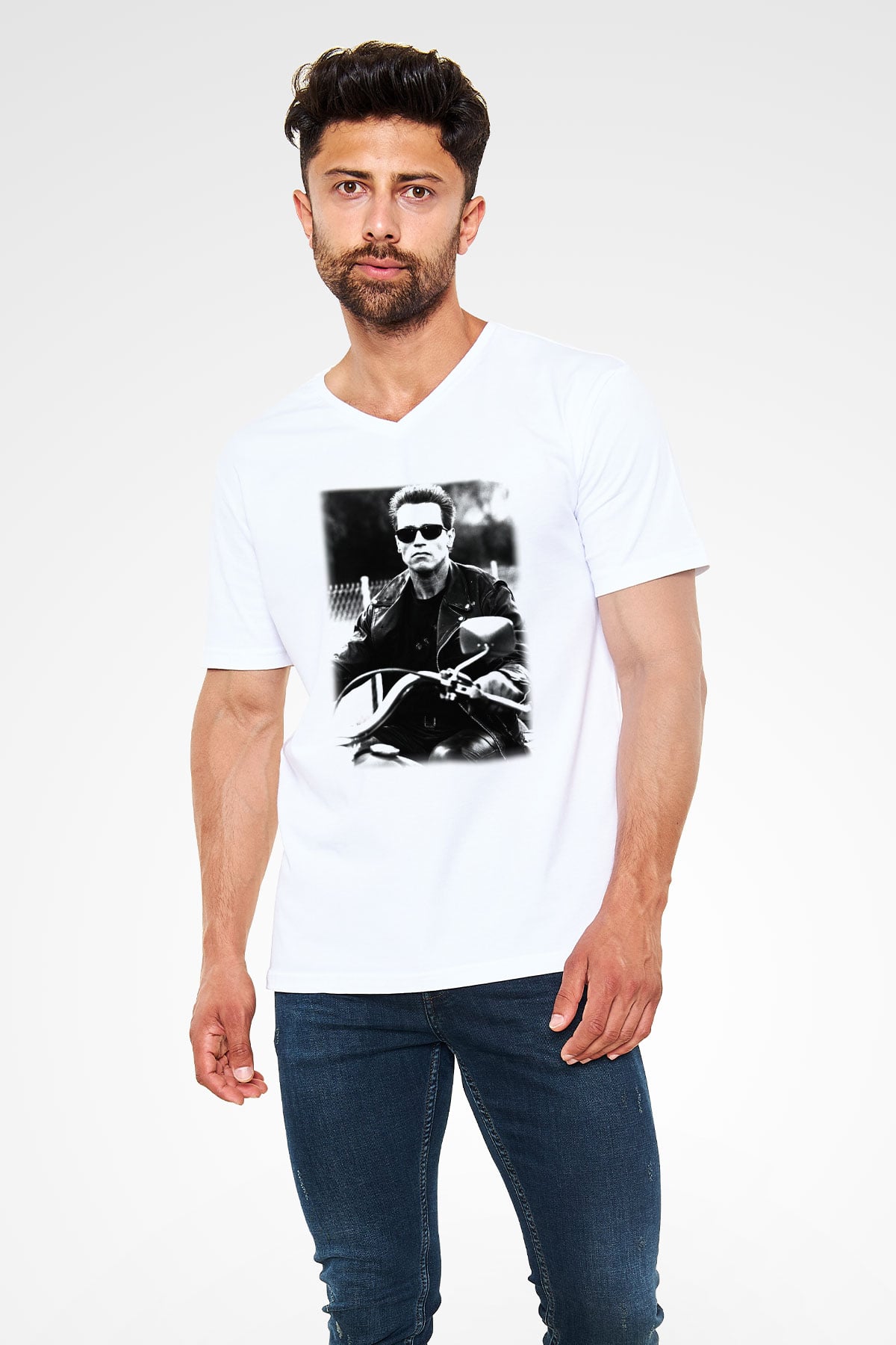 The Terminator Beyaz Unisex V Yaka Tişört T-Shirt