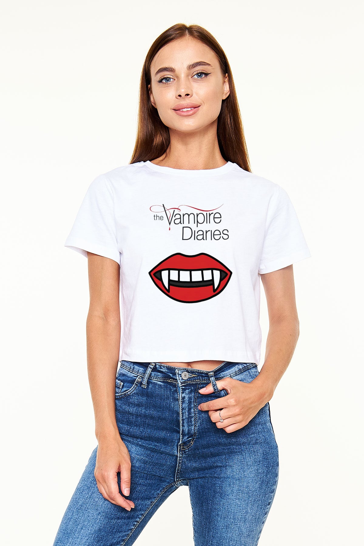 The Vampire Diaries Beyaz Croptop Tişört