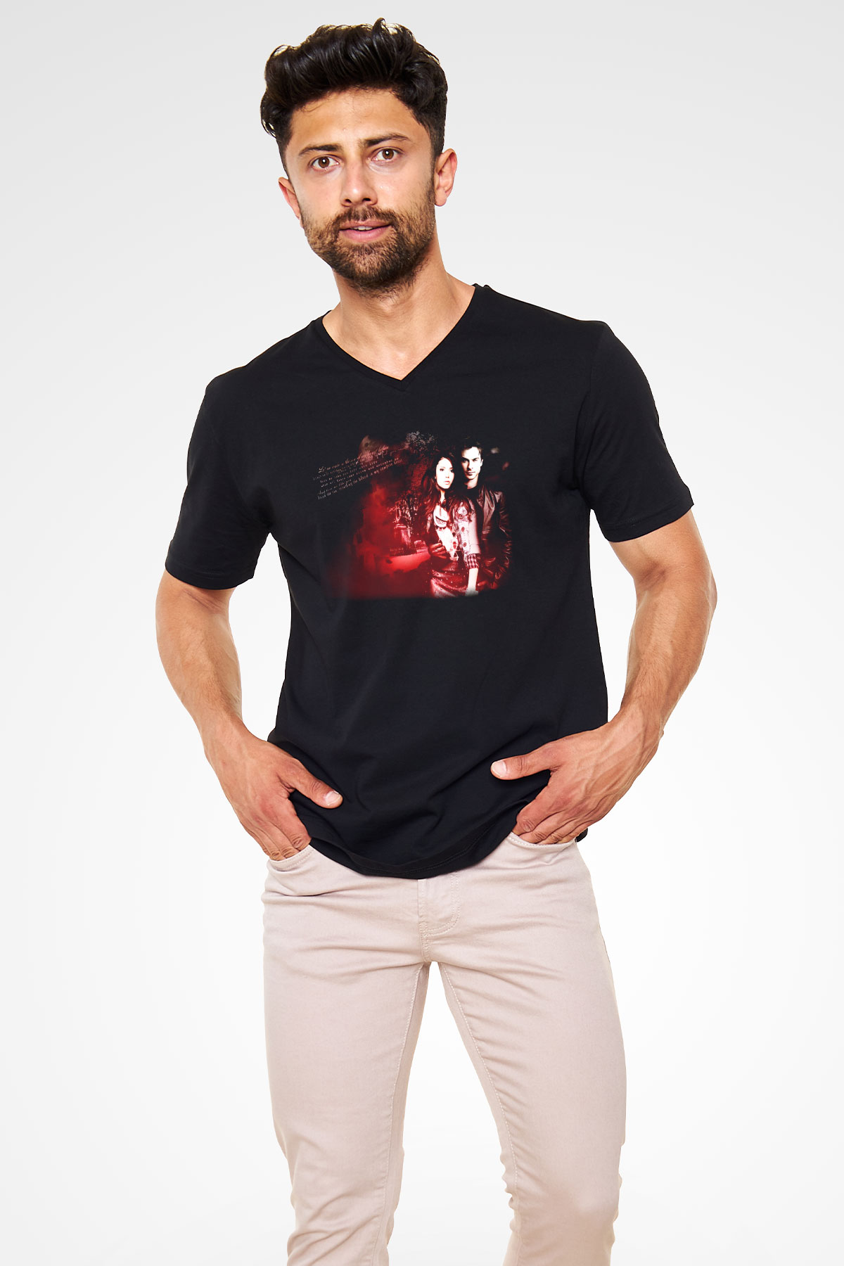 The Vampire Diaries Siyah Unisex V Yaka Tişört T-Shirt